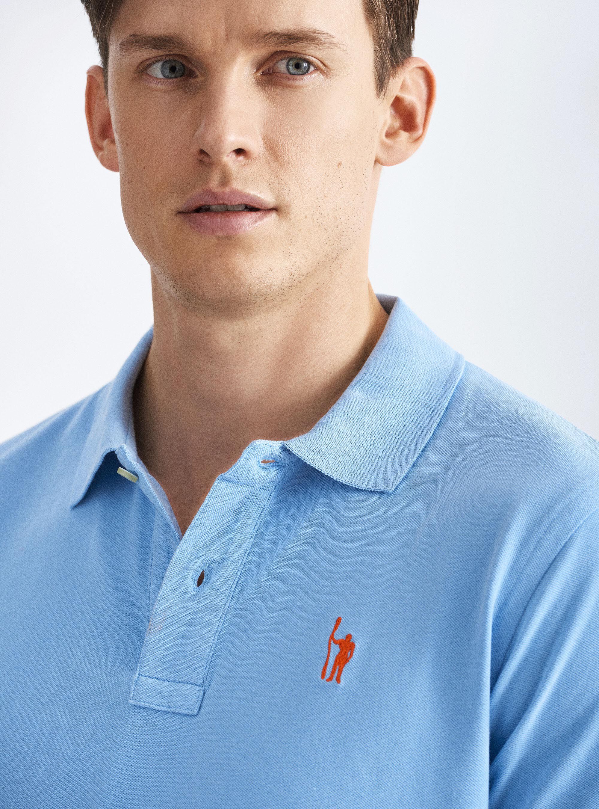 Polo classica in piquet di cotone con ricamo, AZZURRO