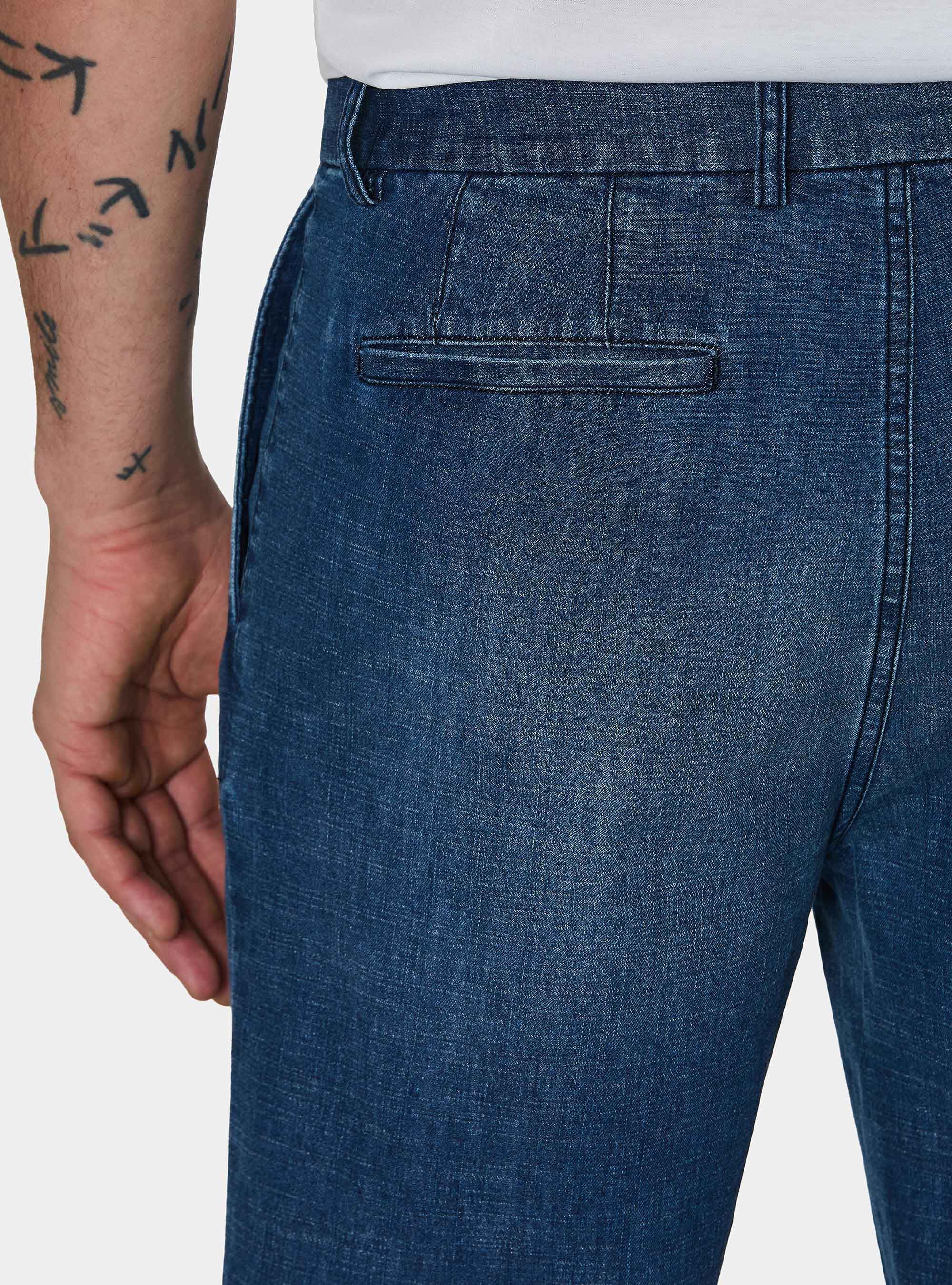 Pantaloni loose fit con pince in cotone chambray, BLU