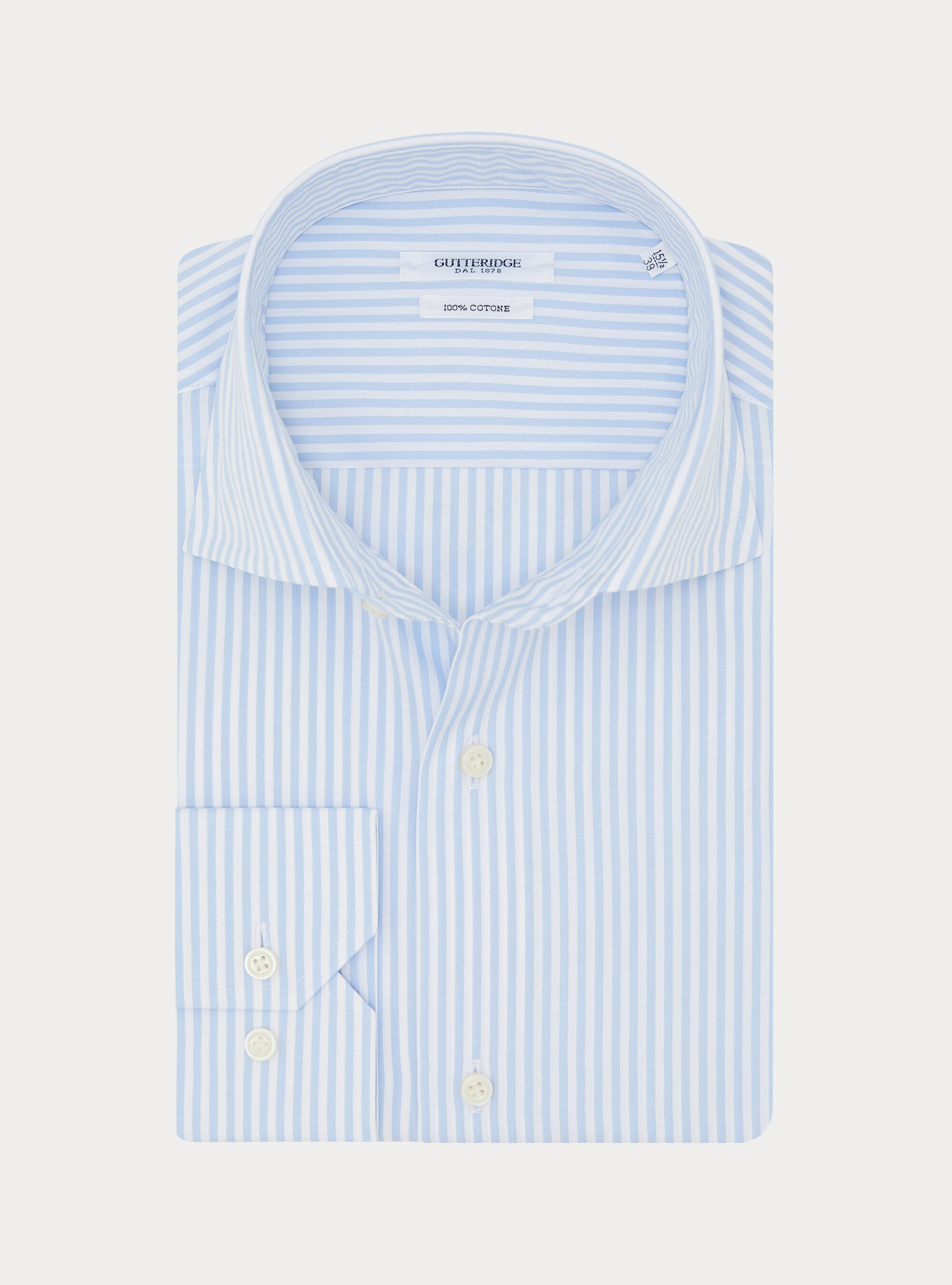 Camicia rigata cotone popeline collo semifrancese, CELESTE
