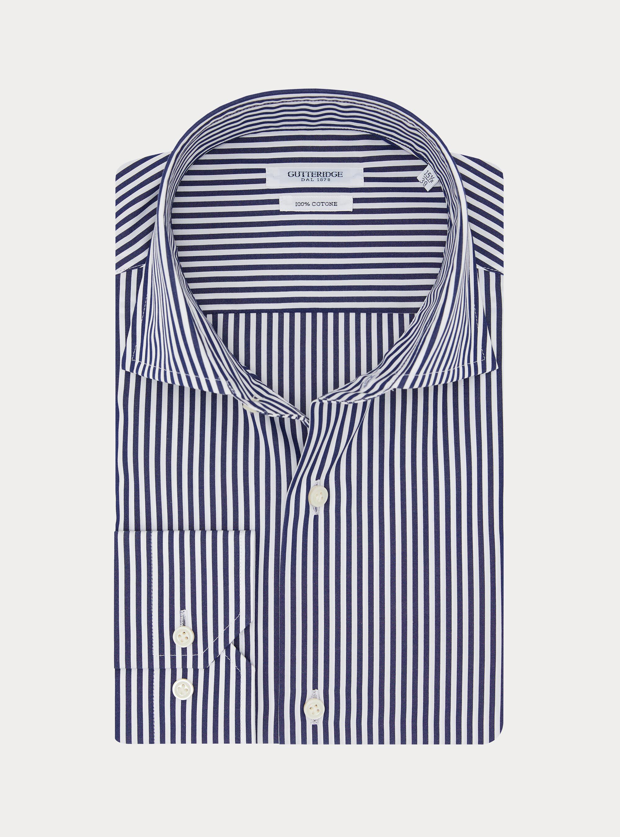 Camicia rigata cotone popeline collo semifrancese, AZUL MARINO