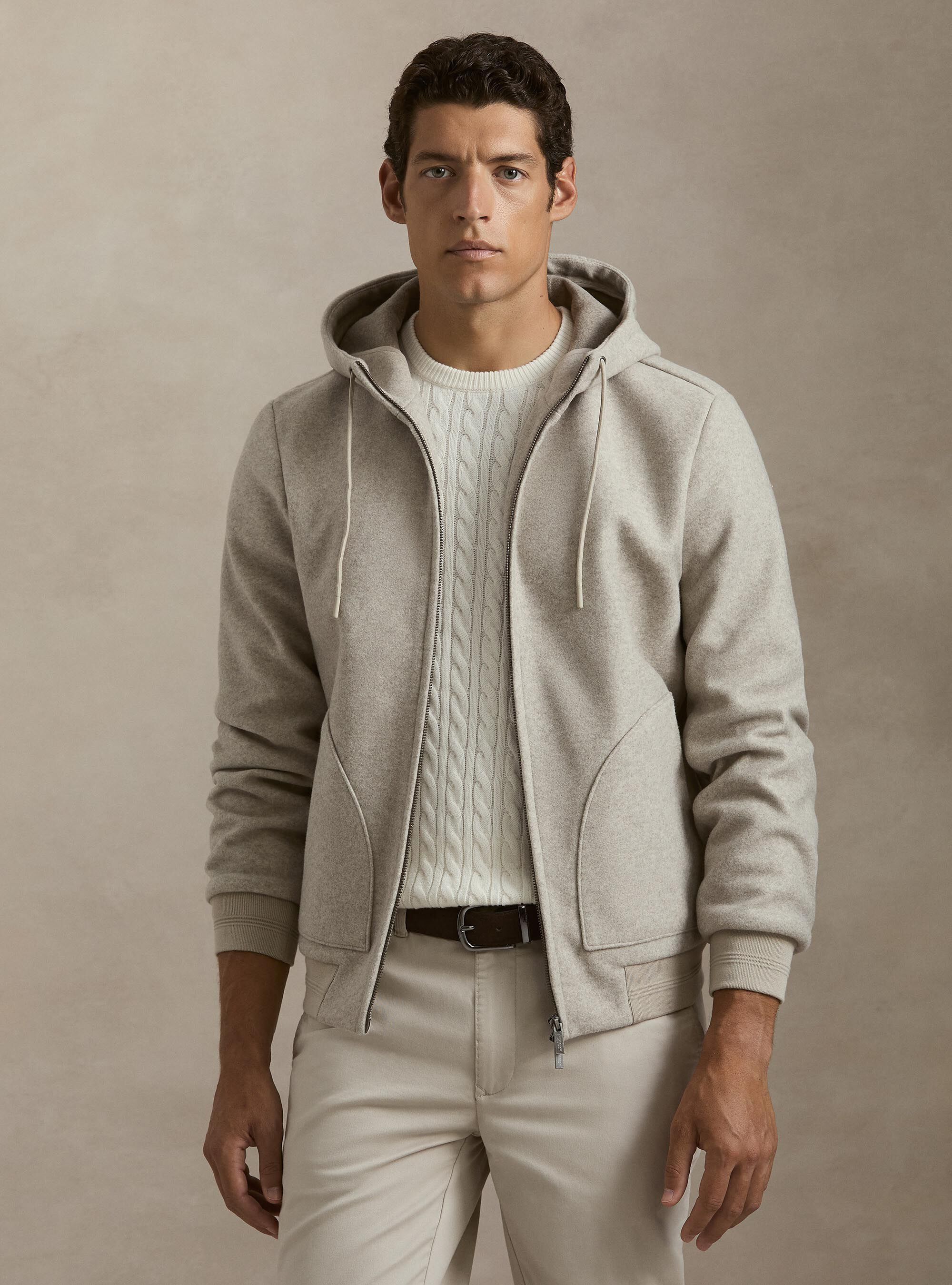 Stretch wool jacket with a hood, ECRU