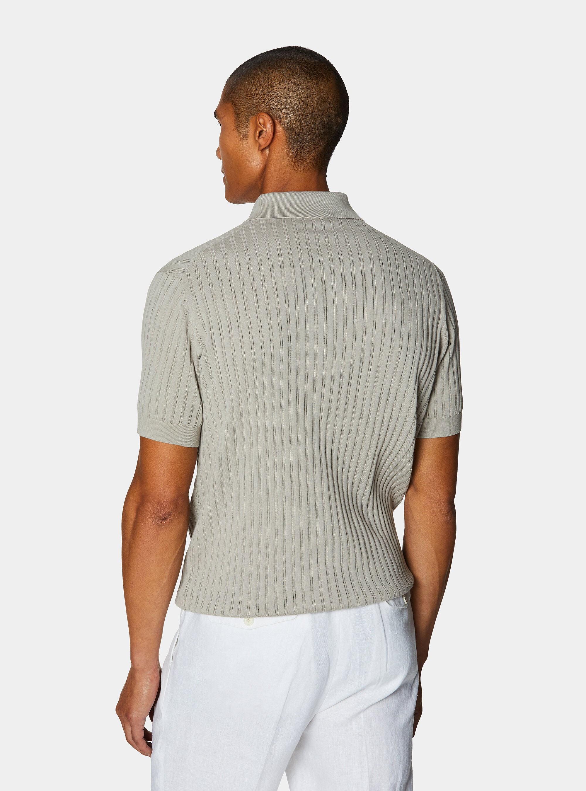 Extra-fine cotton knit polo shirt with openwork ribbing, SAND