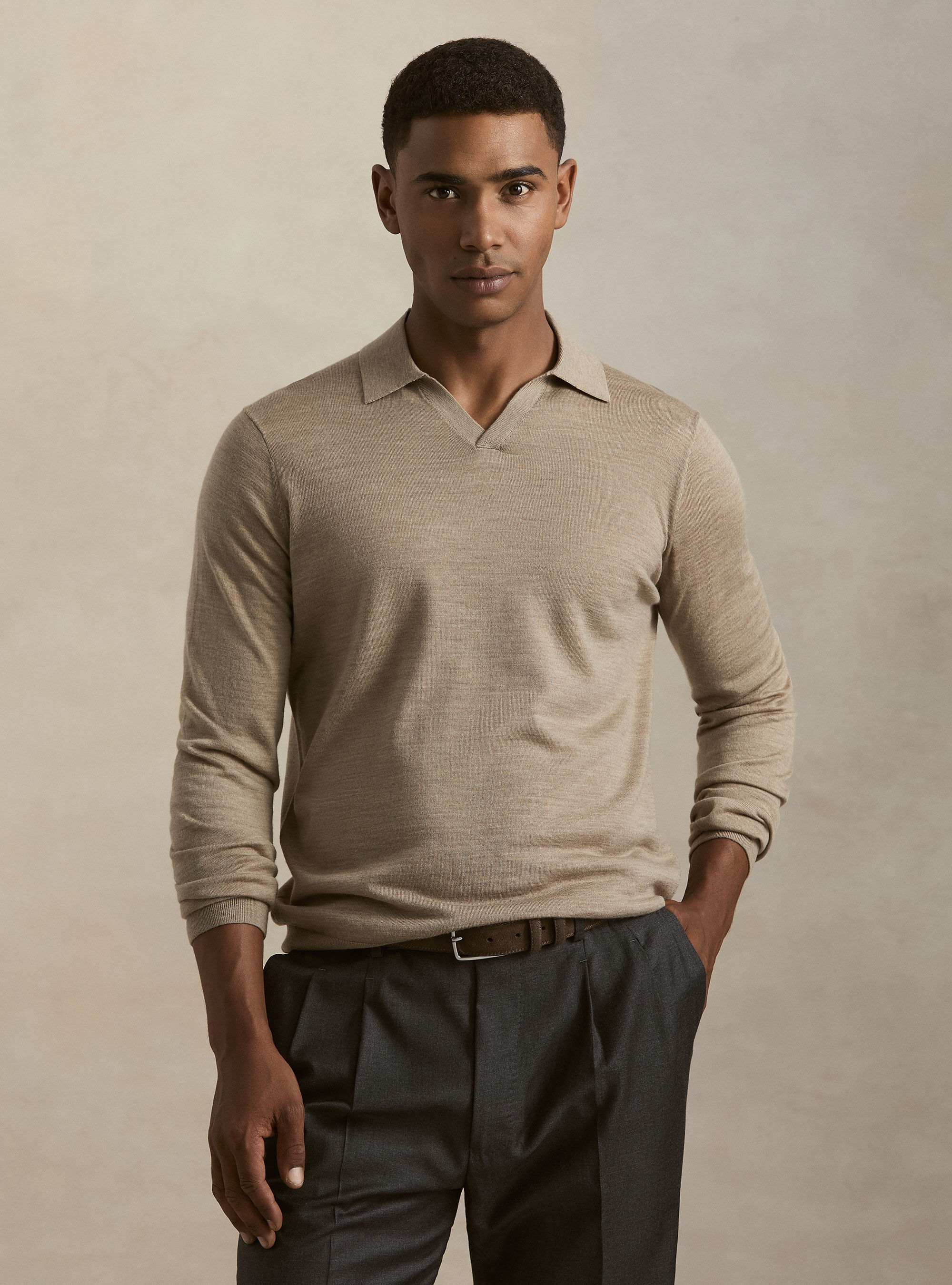 Polo collo senza bottoni in maglia lana merino