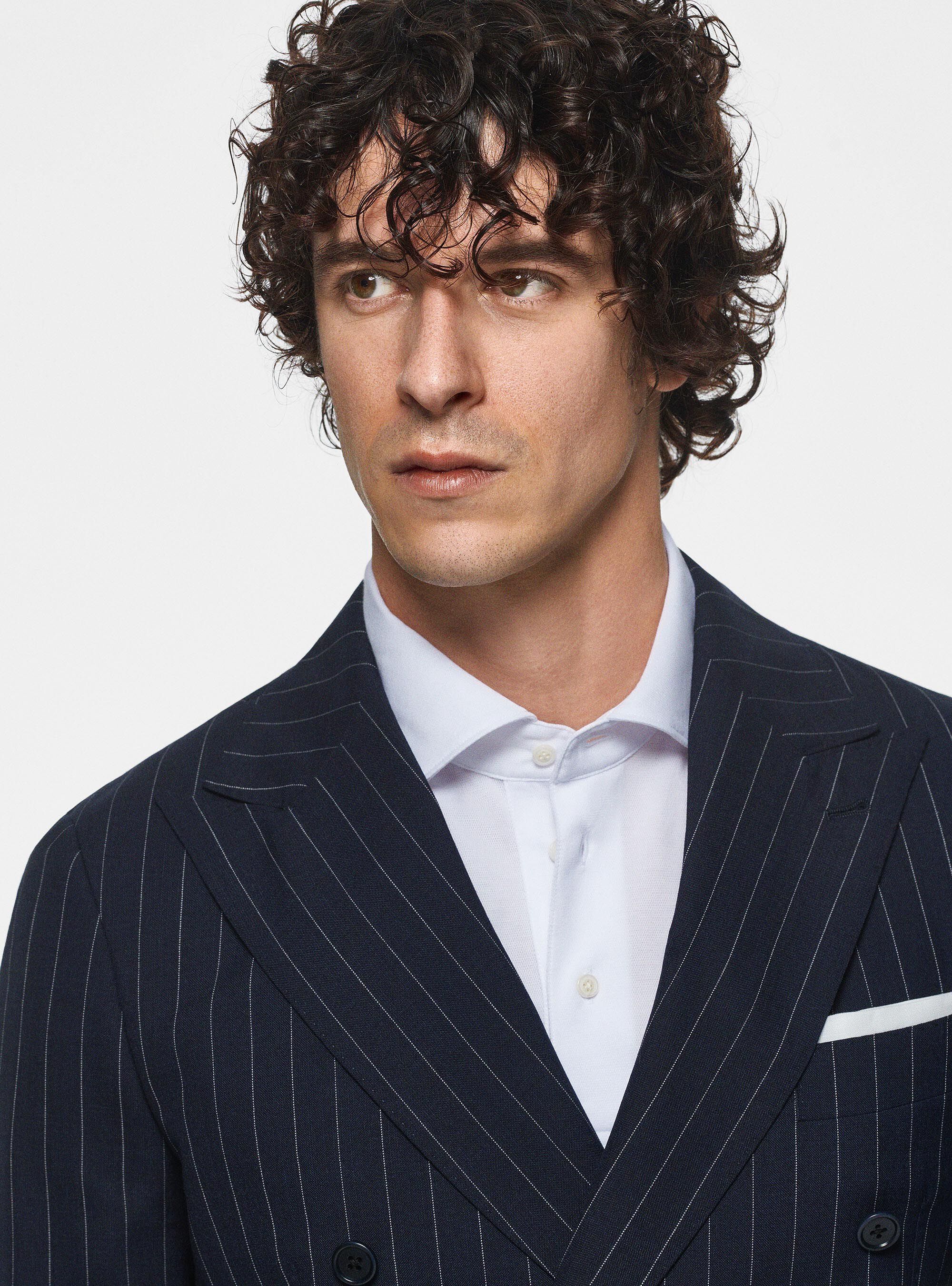 Giacca doppiopetto in pura lana gessata, BLU NAVY