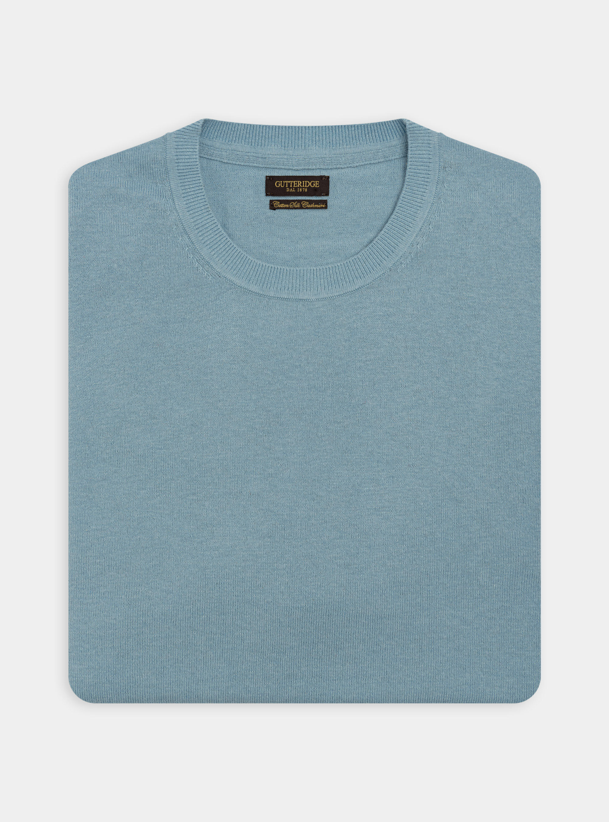 Jersey de cuello redondo de algod&oacute;n, seda y cachemira, CELESTE