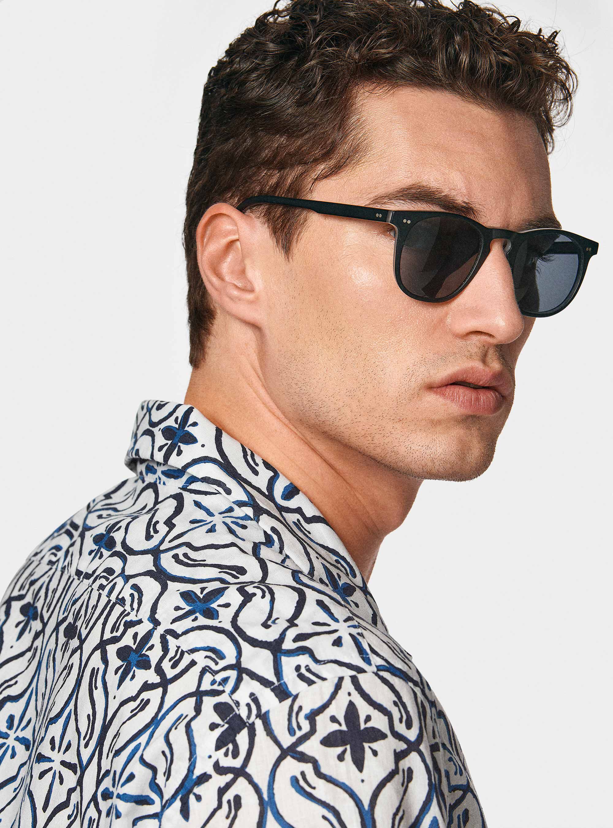 Camicia bowling in lino e cotone stampato, BLU NAVY