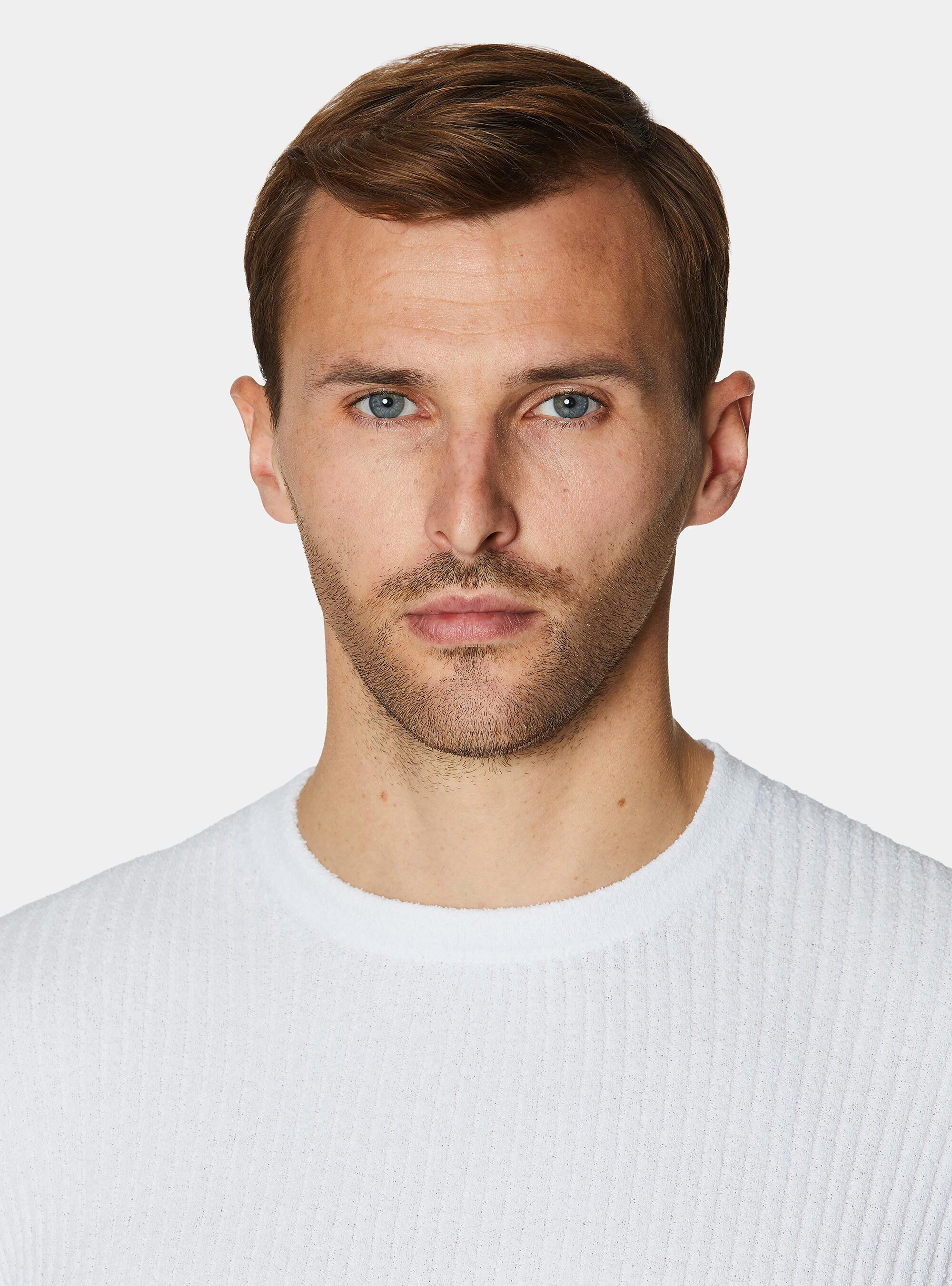 Girocollo in maglia boucl&egrave; a costina, BIANCO