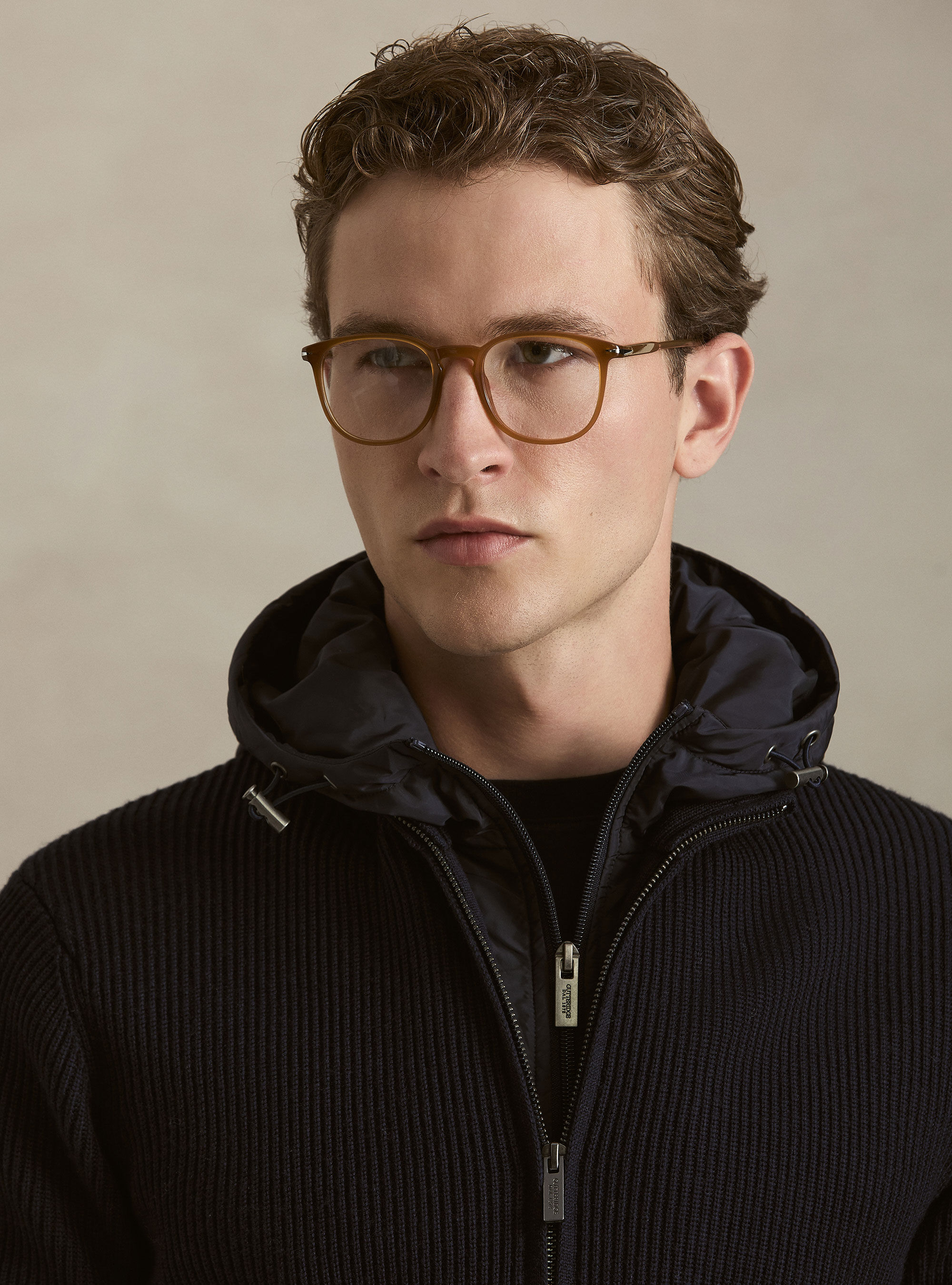 Cardigan costa inglese in lana e cotone e cappuccio removibile, BLU NAVY