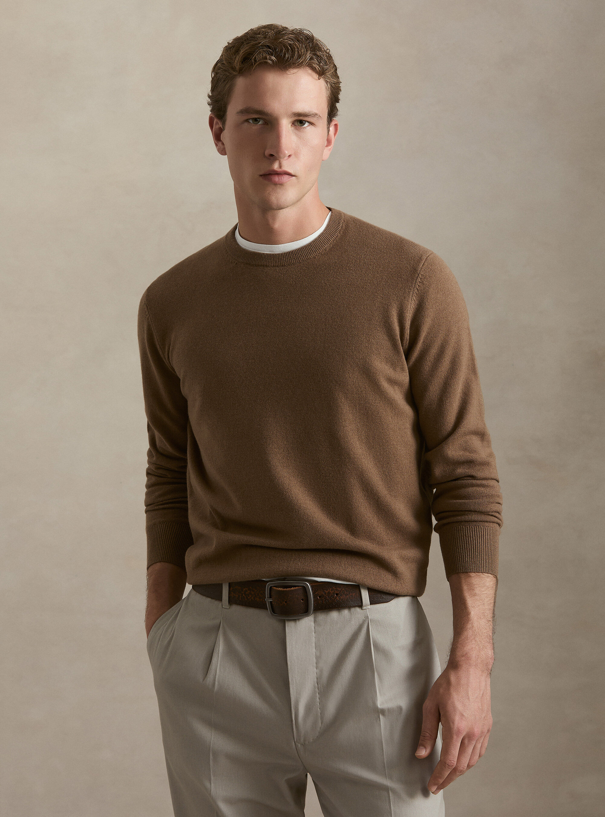 Lambswool and cashmere crewneck sweater, HAZELNUT