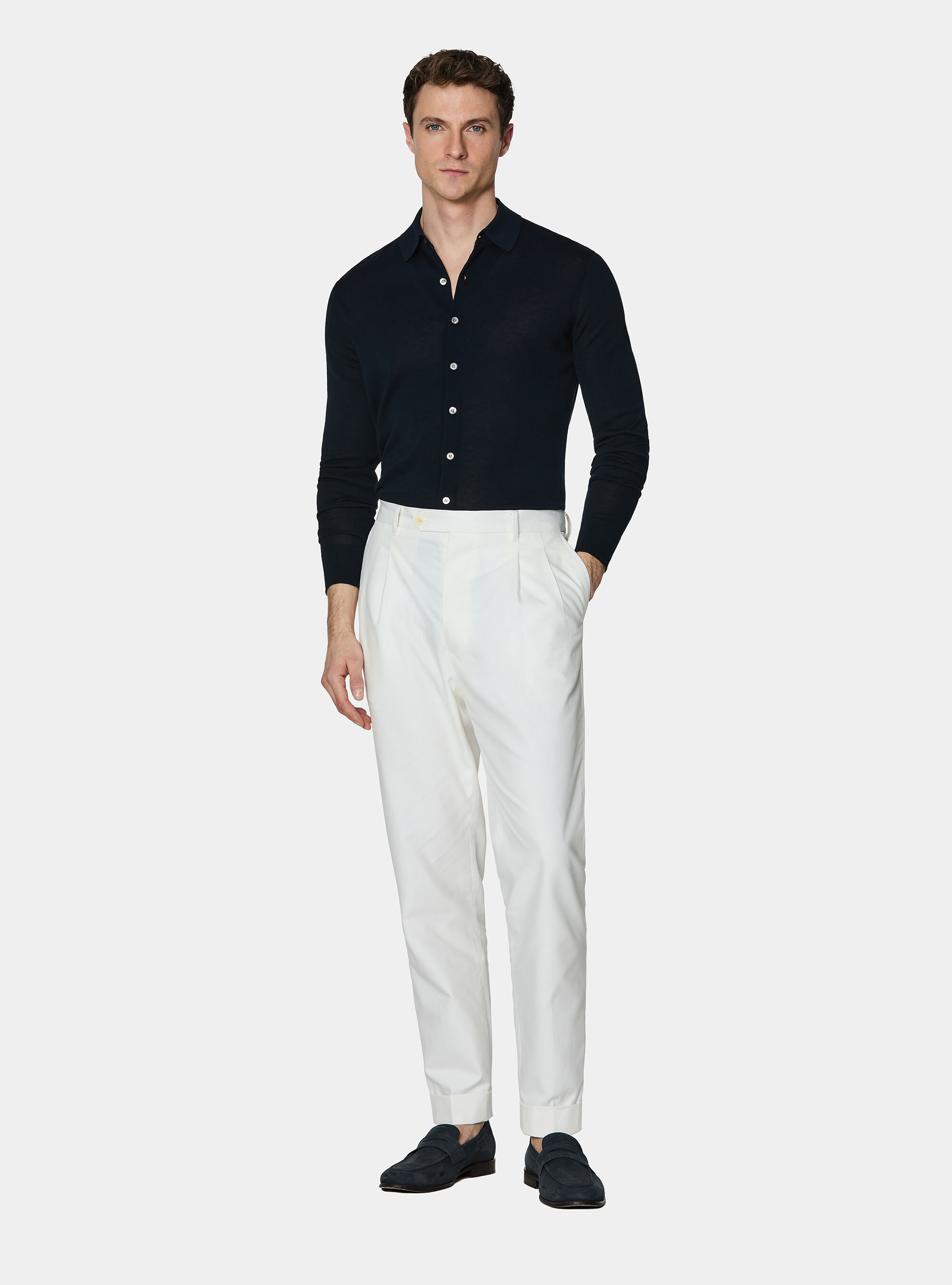 Polo camicia in cotone e seta, BLU NAVY