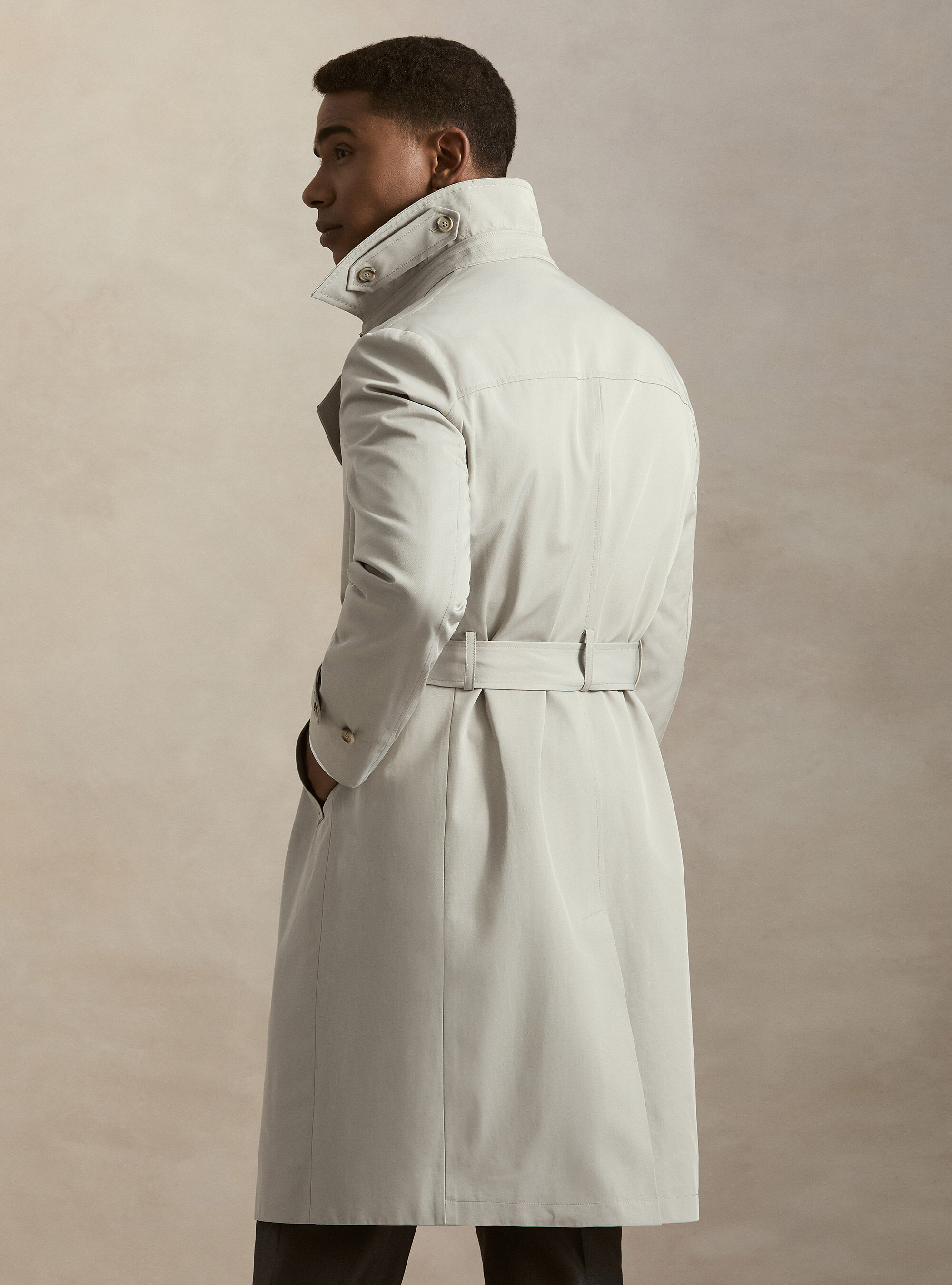 Double-breasted cotton blend trench coat, ECRU
