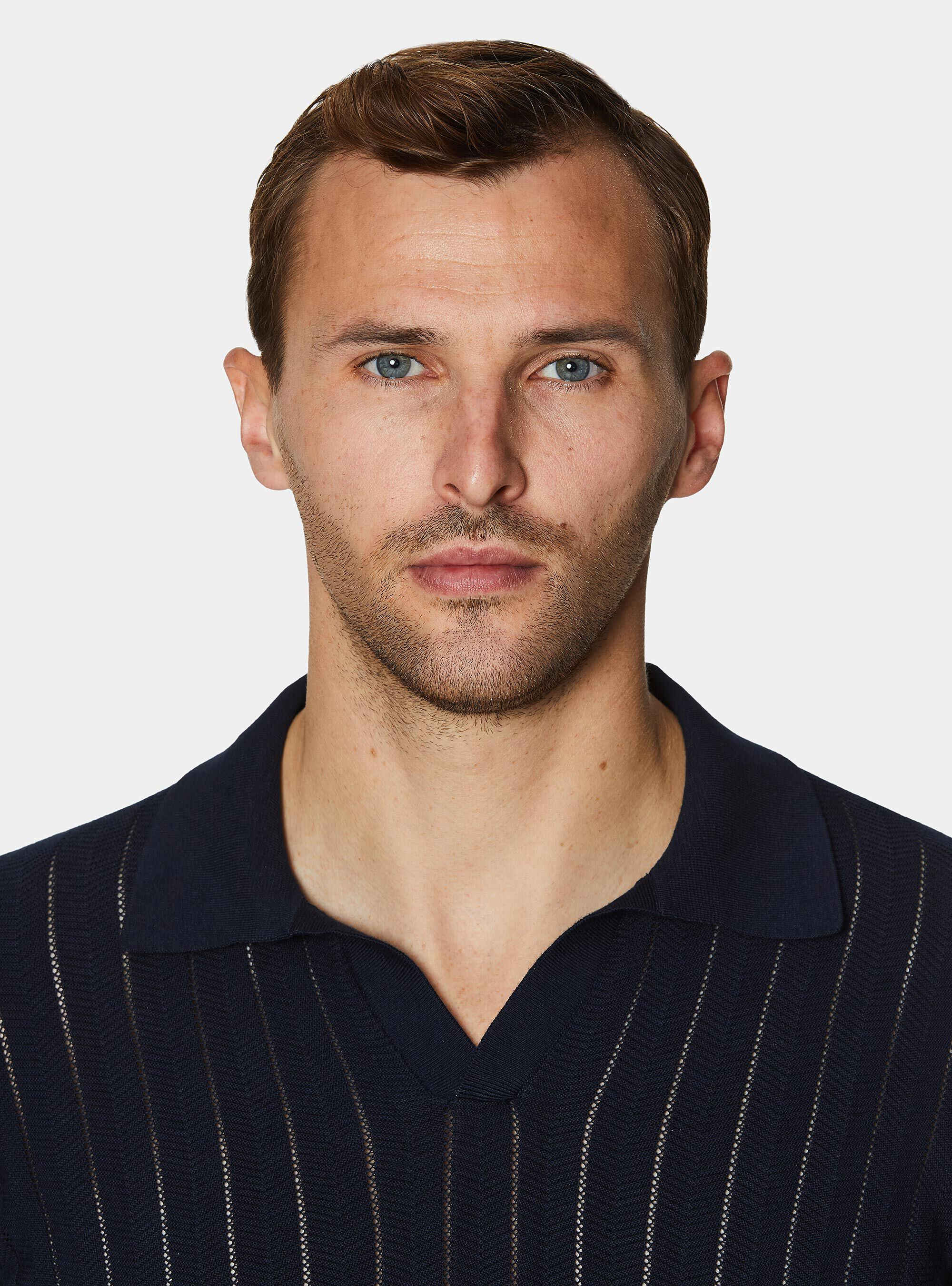 Polo traforata in cotone spigato, BLU NAVY