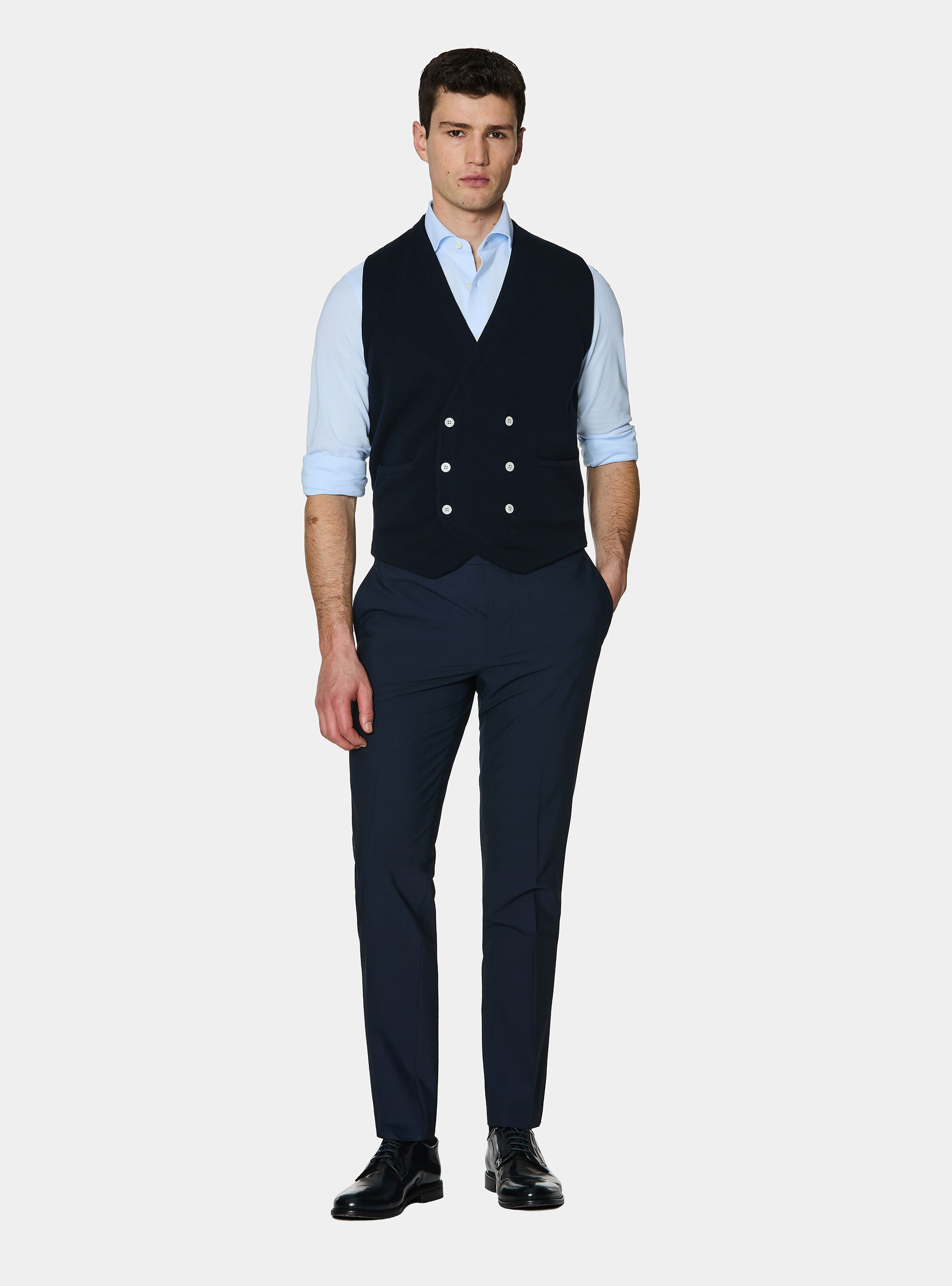Gilet doppiopetto in maglia di cotone, BLU NAVY