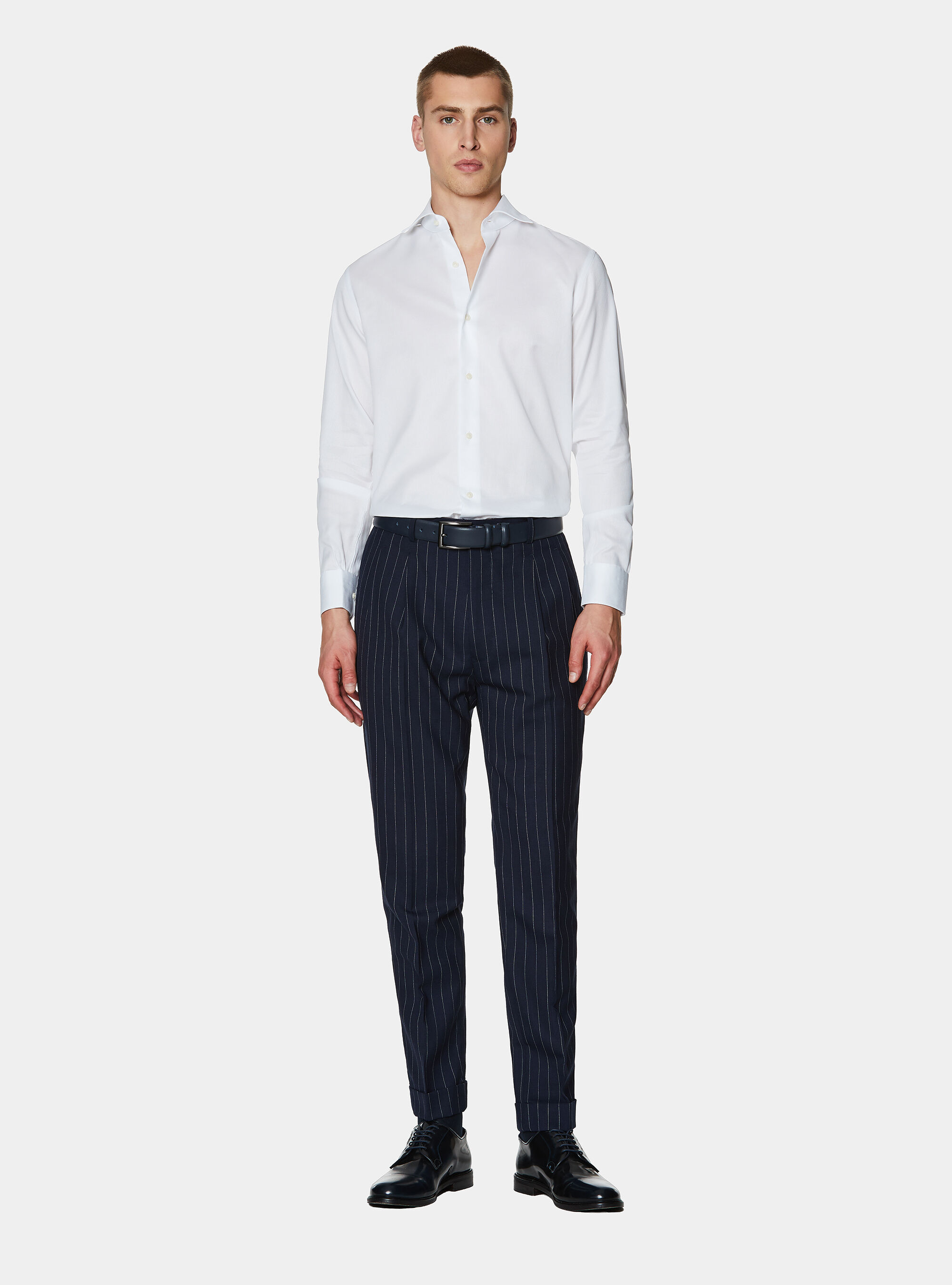 Double-breasted pinstriped wool suit trousers