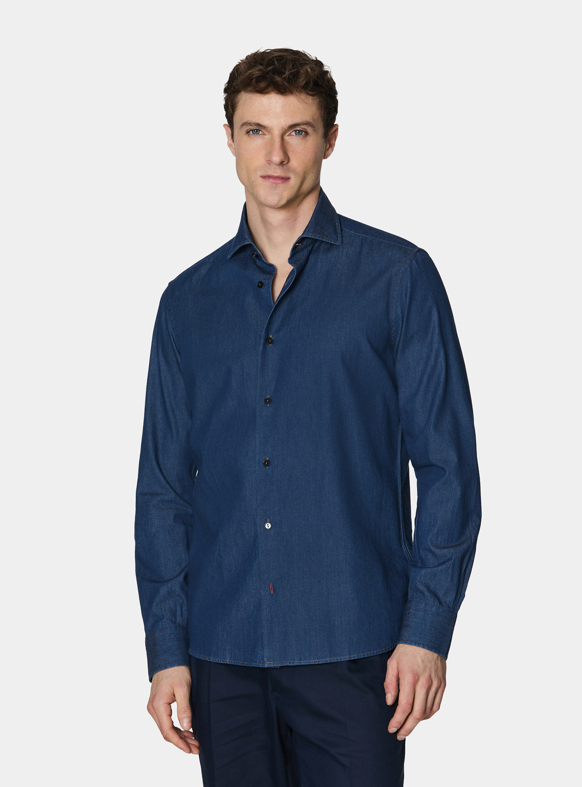 Camicia denim in cotone chambray, BLU NAVY