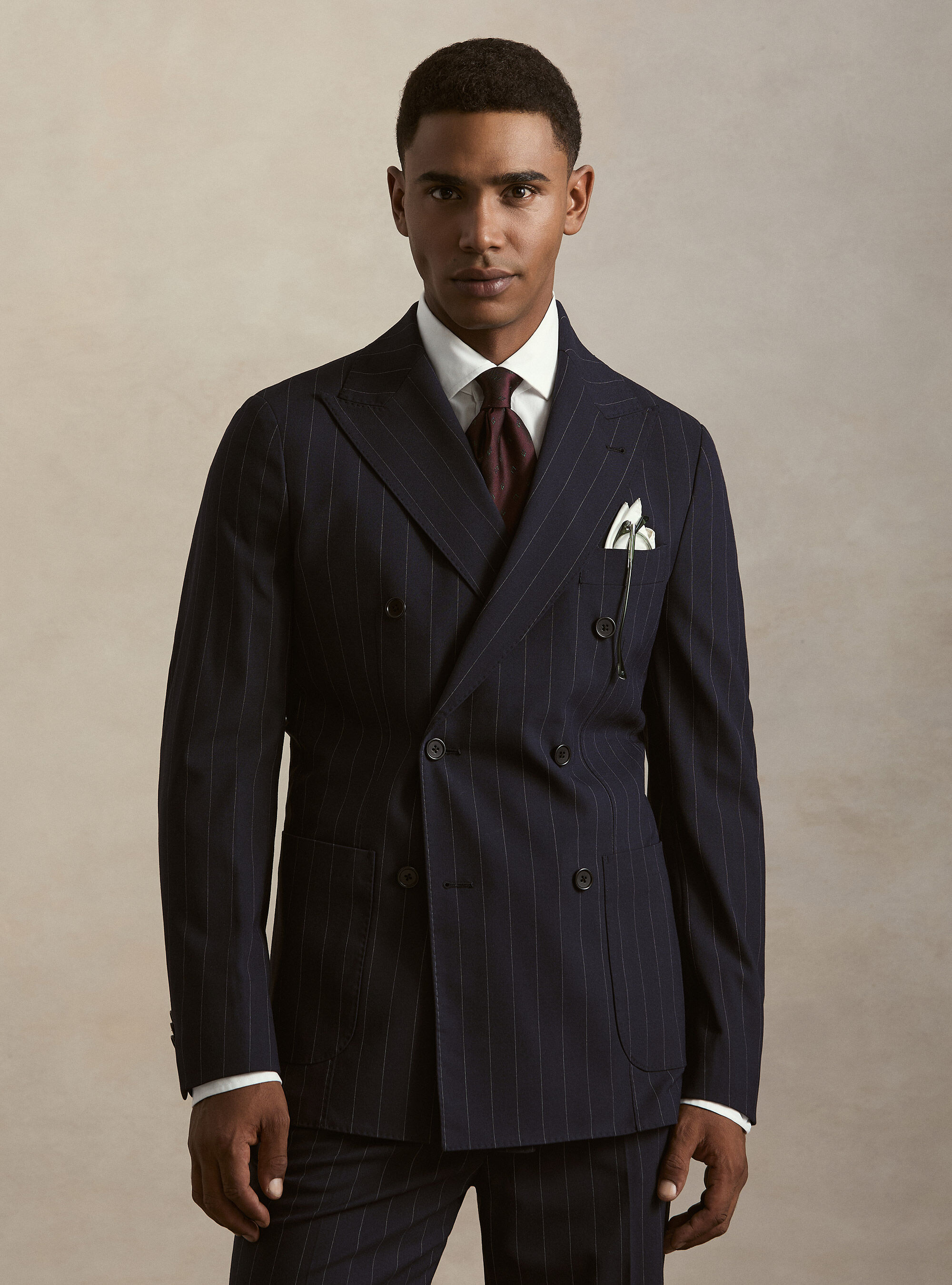 Giacca per abito doppiopetto gessata in tessuto stretch, BLU NAVY