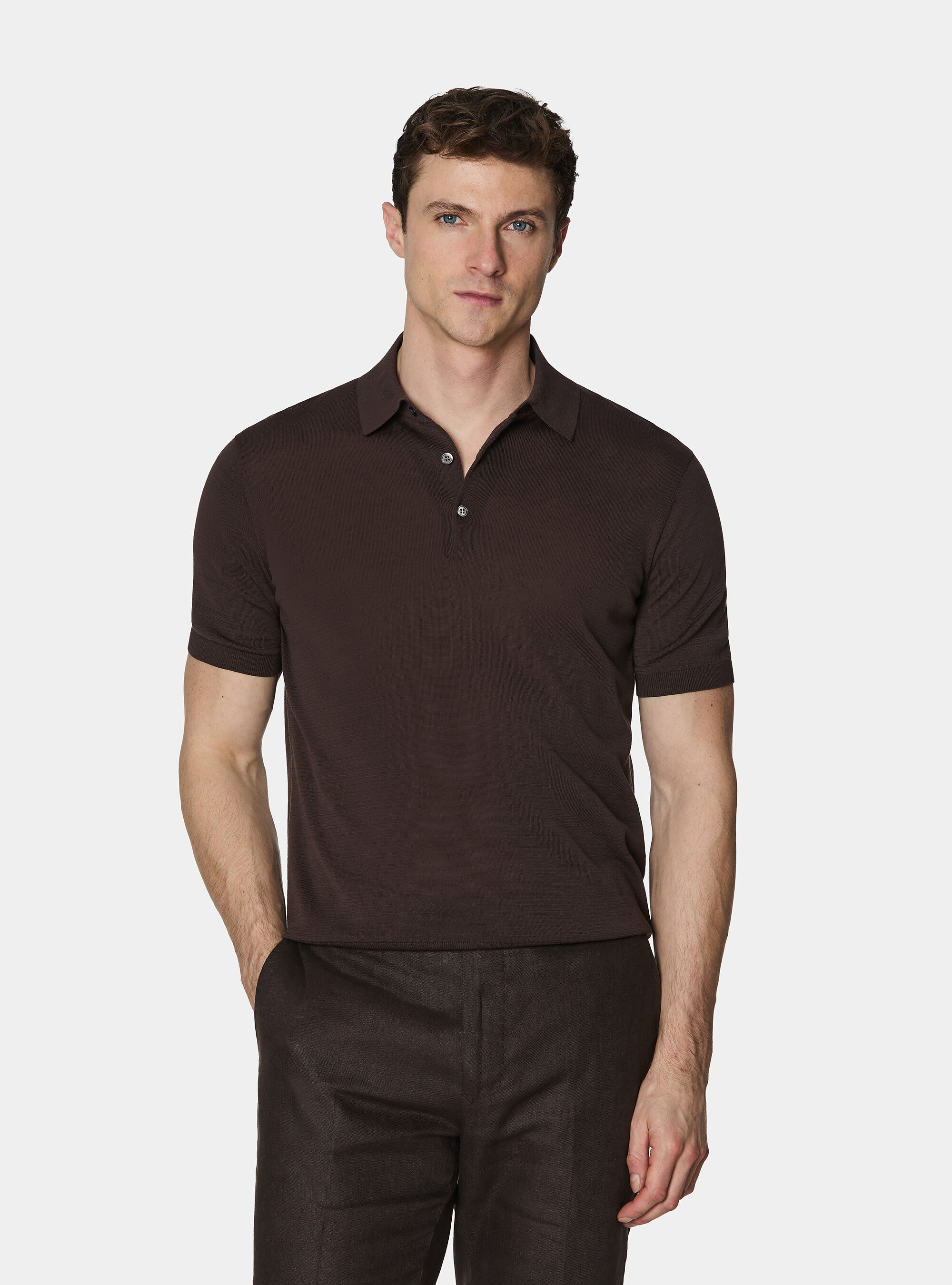Cotton and silk polo shirt, BROWN