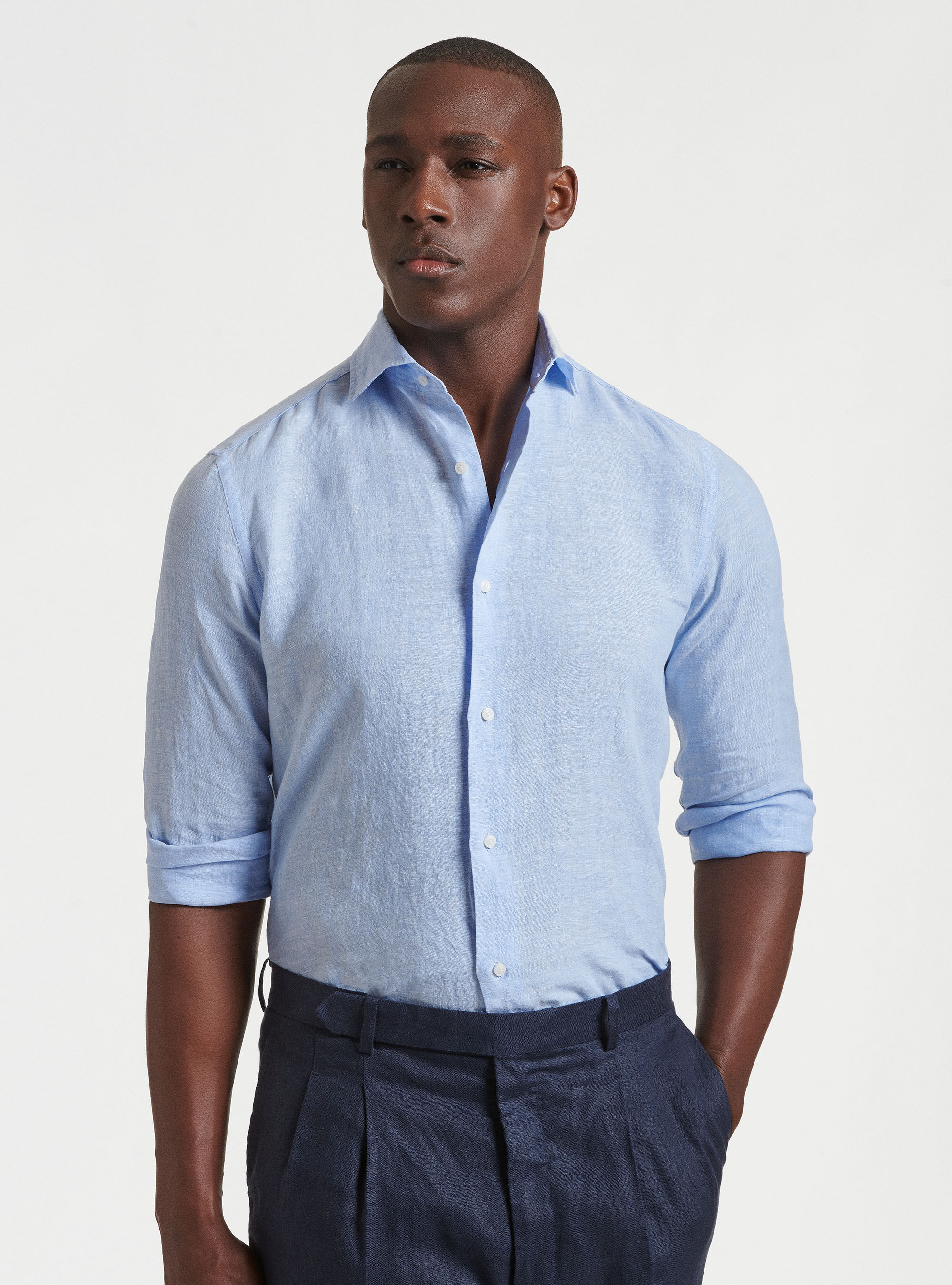 Camicia collo semi francese in puro lino, AZZURRO
