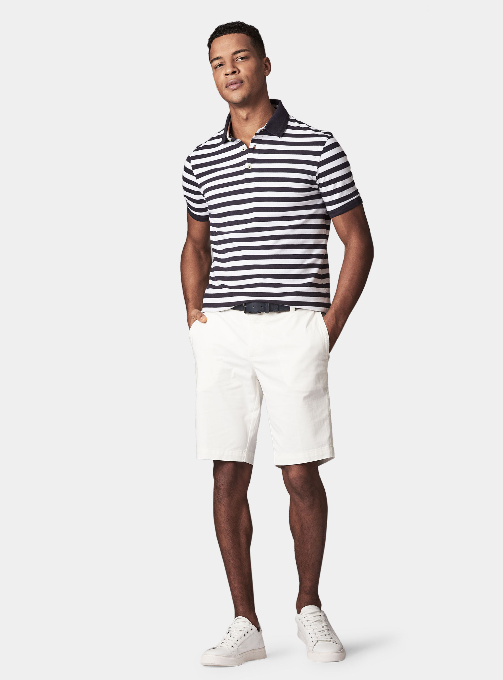 Polo de rayas en algod&oacute;n piquet stretch, AZUL MARINO