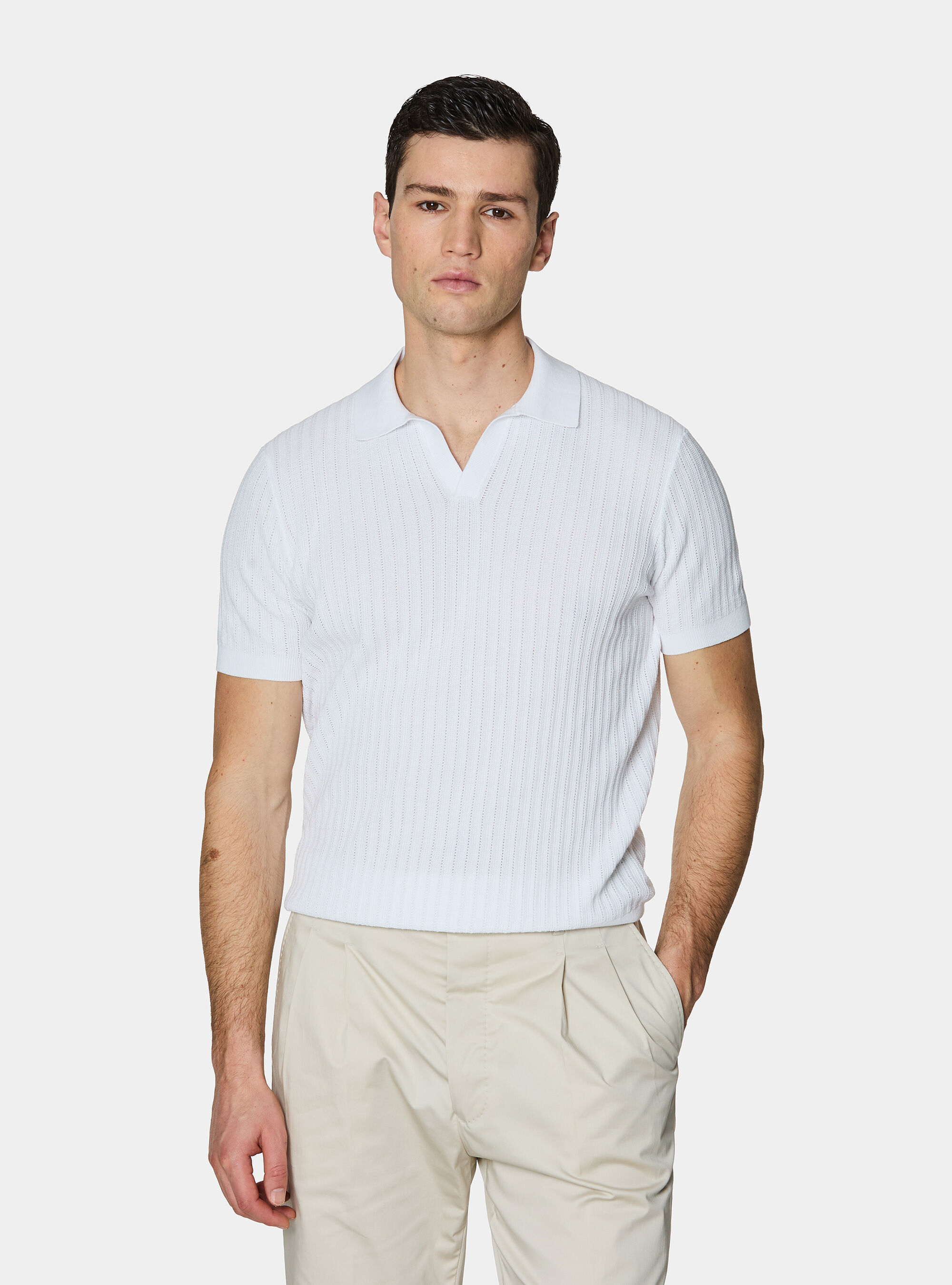 Polo in maglia traforata senza bottoni in cotone extrafine, BIANCO