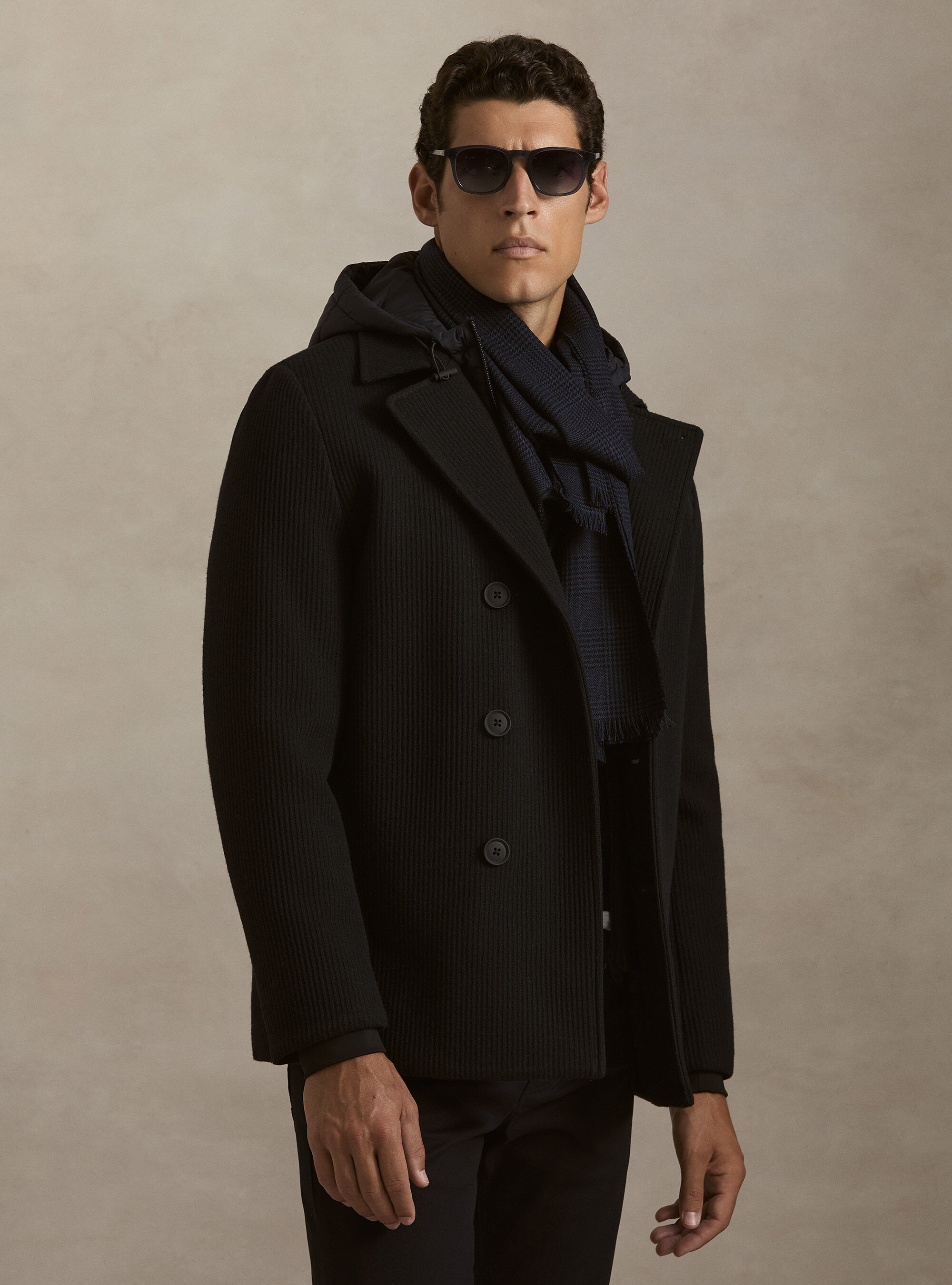 Double-breasted ribbed jacket with removable bib and hood