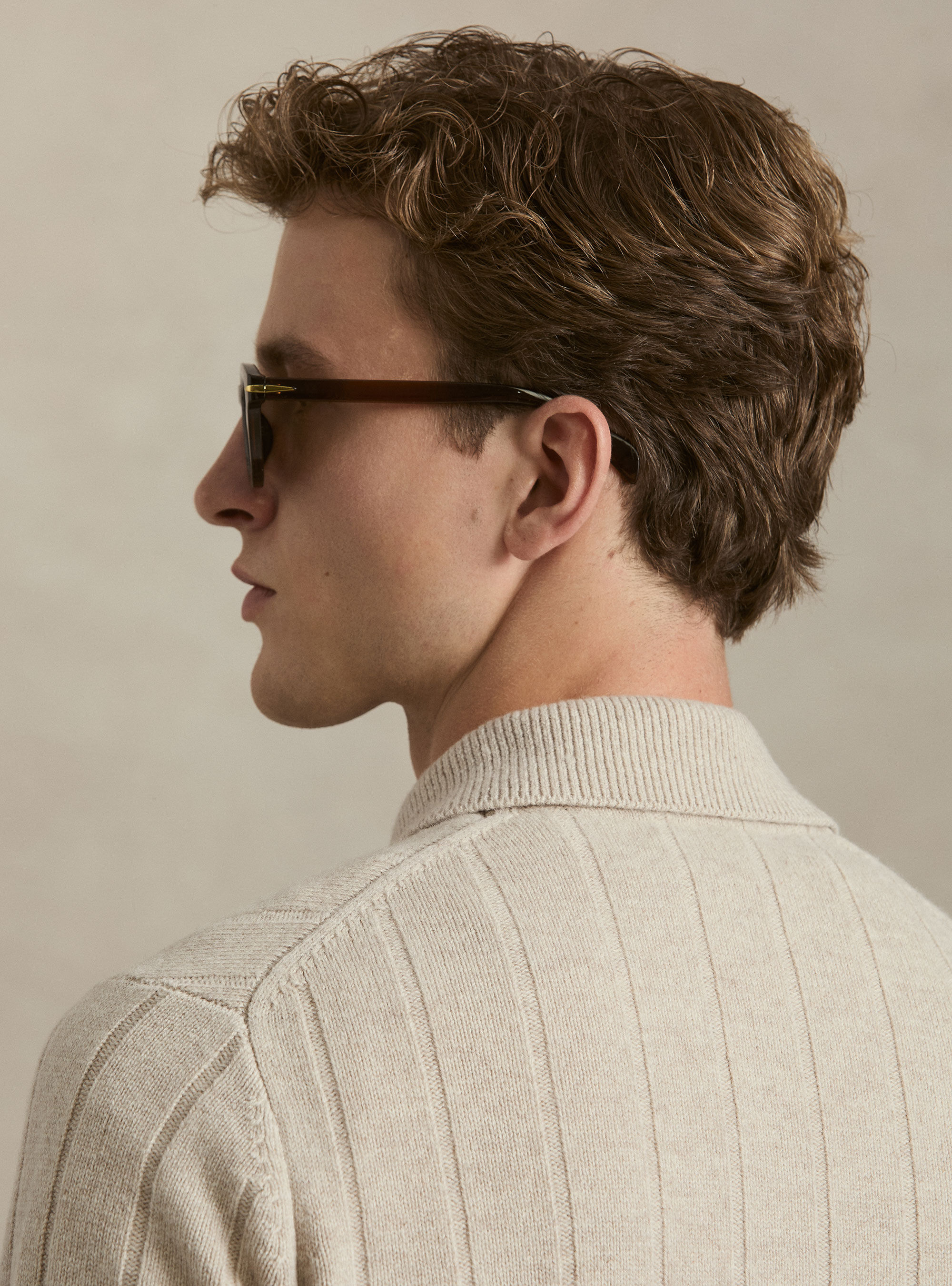 Full-zip wool-cashmere flat-ribbed sweater, ECRU