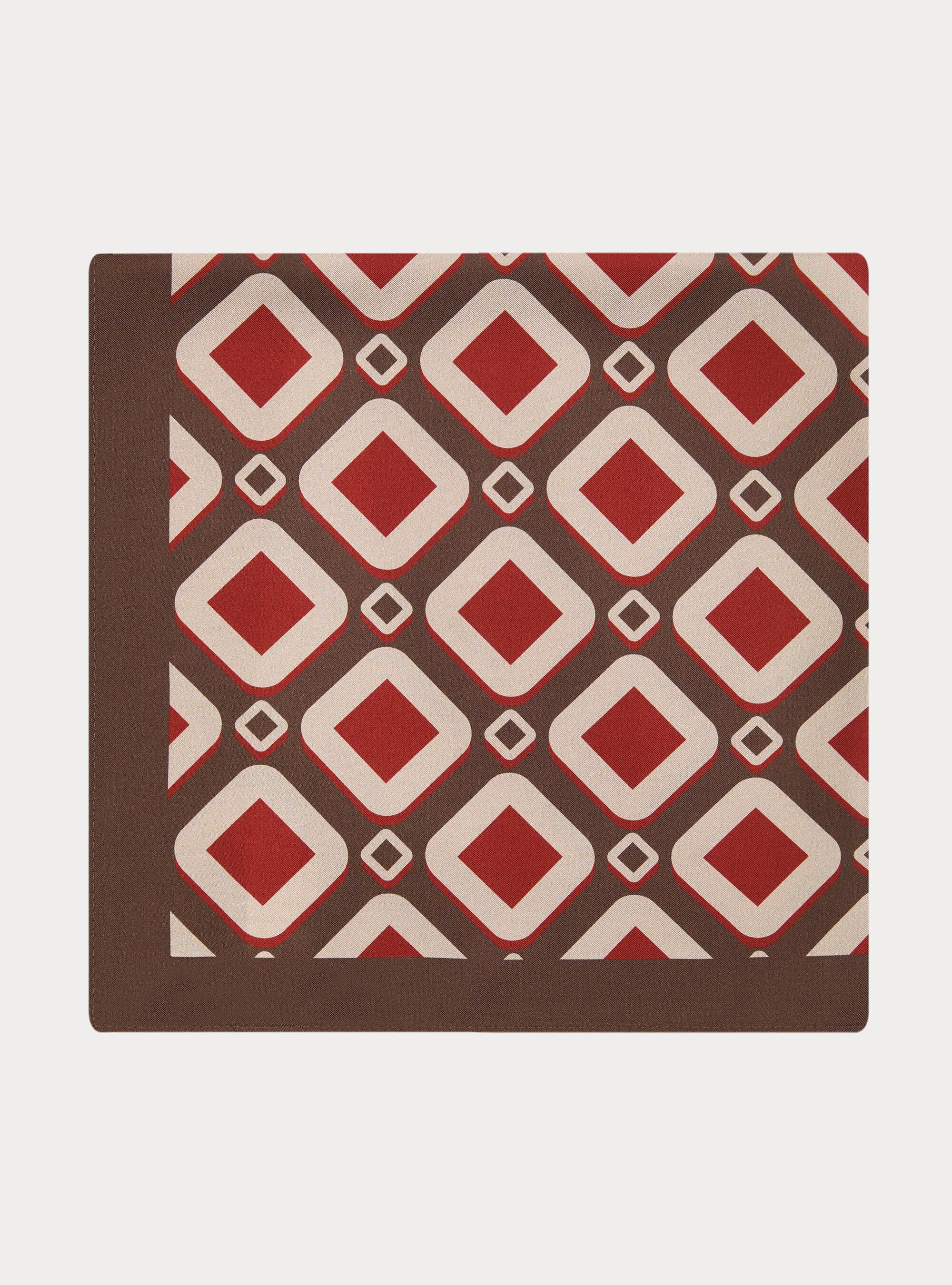 Foulard stampato in seta fantasia geometrica, BROWN