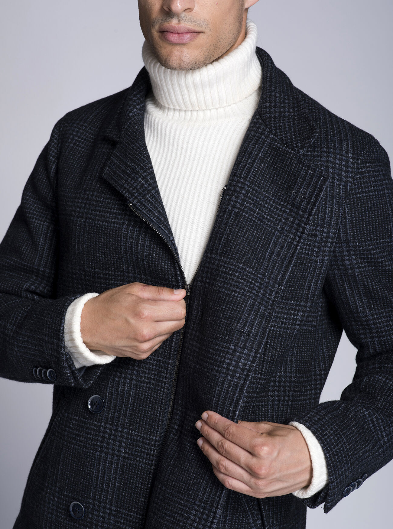 Giaccone doppiopetto a quadri con zip, BLU NAVY