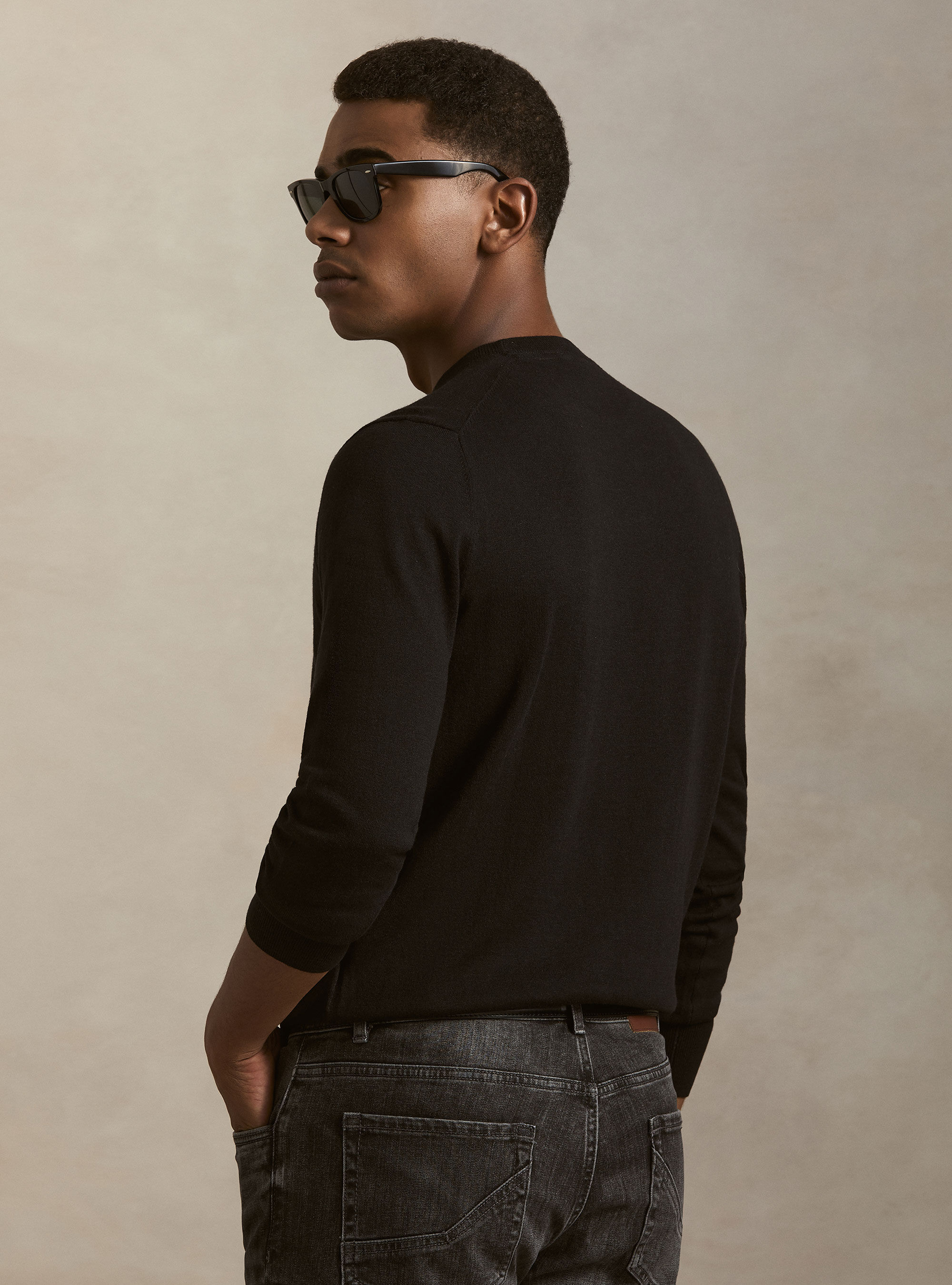 Maglia girocollo in cotone seta e cashmere, NERO