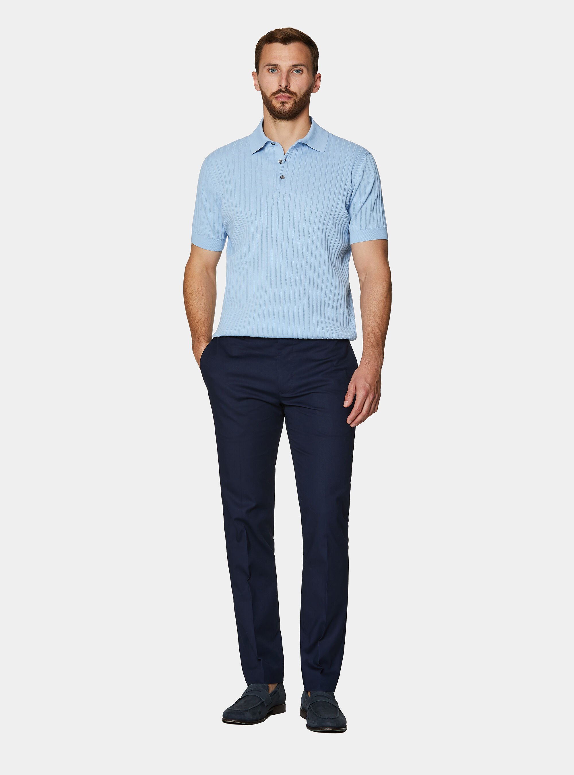 Extra-fine cotton knit polo shirt with openwork ribbing