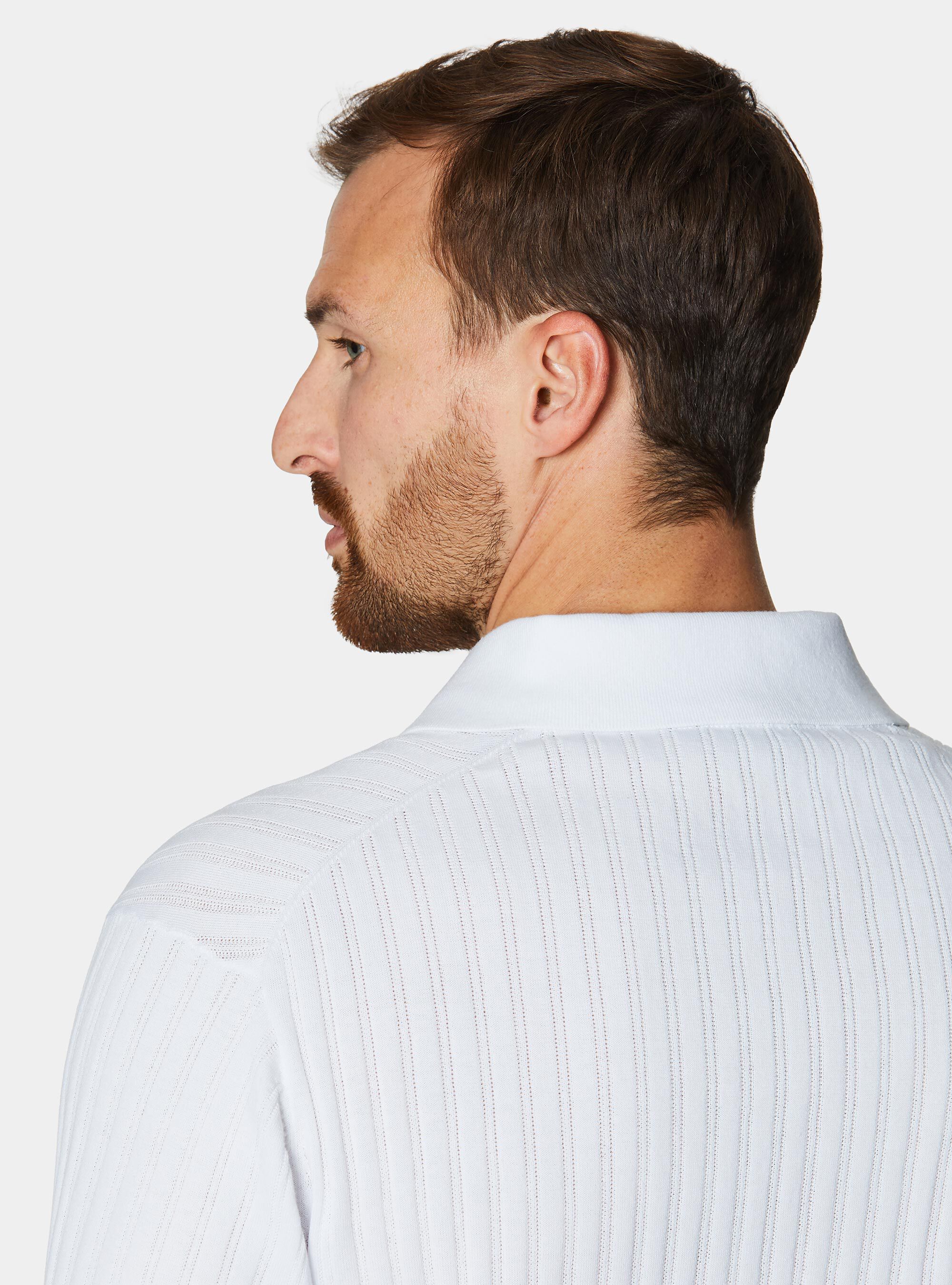 Extra-fine cotton knit polo shirt with openwork ribbing, WHITE