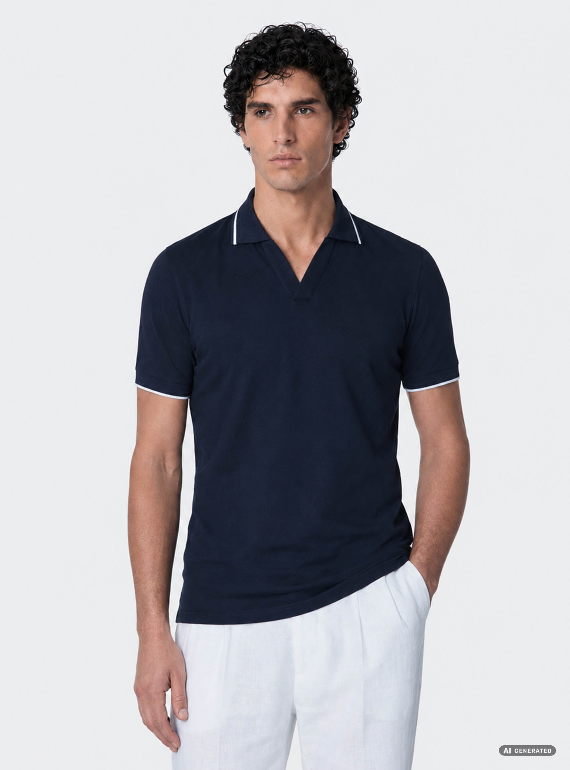 GT01 buttonless stretch pique polo shirt, NAVY BLUE