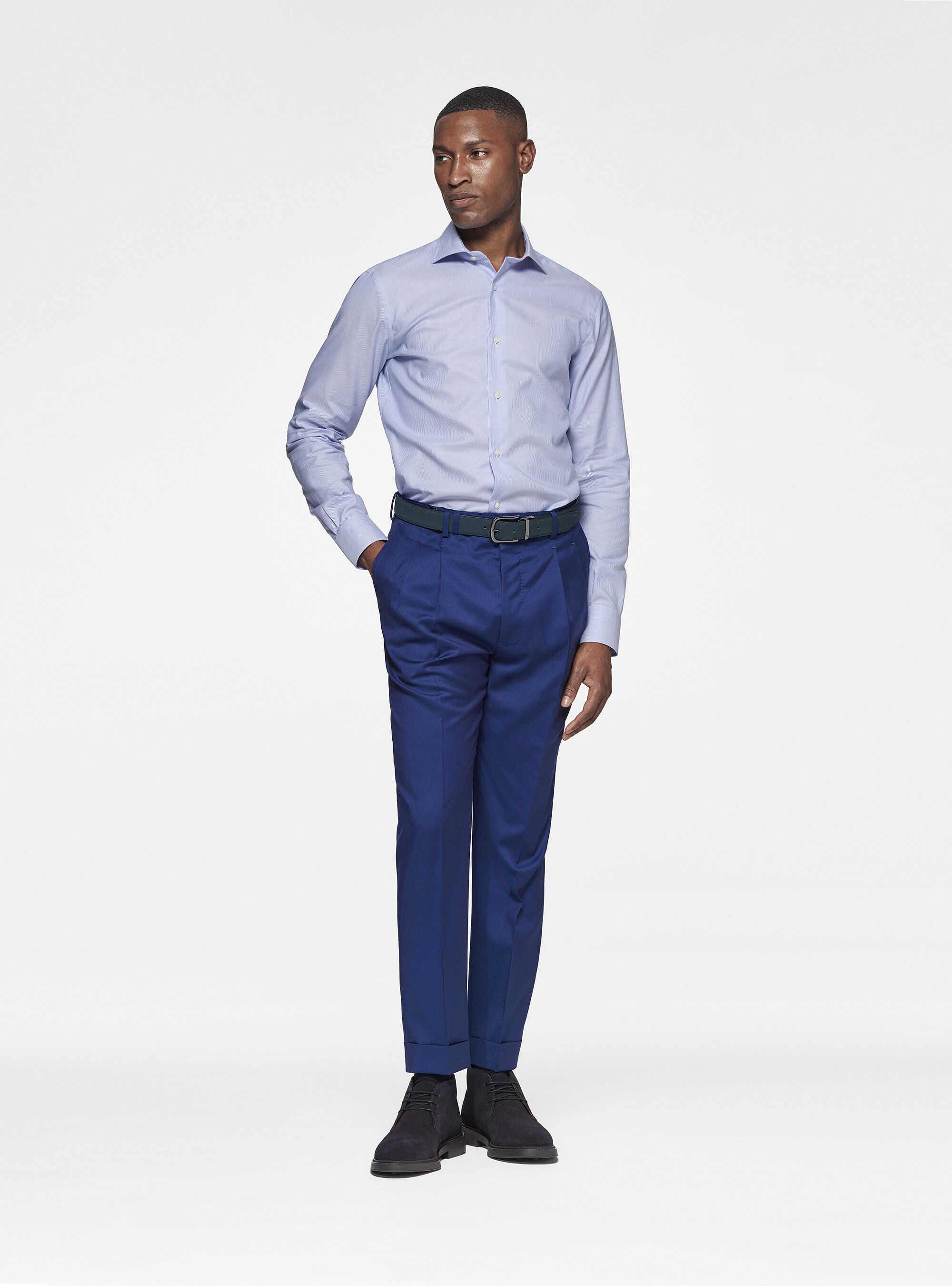 Striped shirt in textured cotton, BLUE