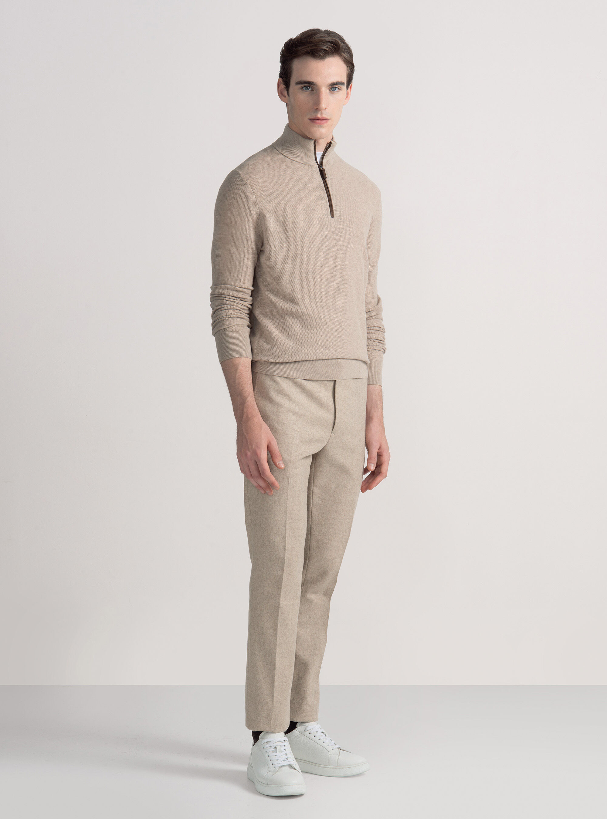 Cotton cashmere honeycomb mock neck sweater