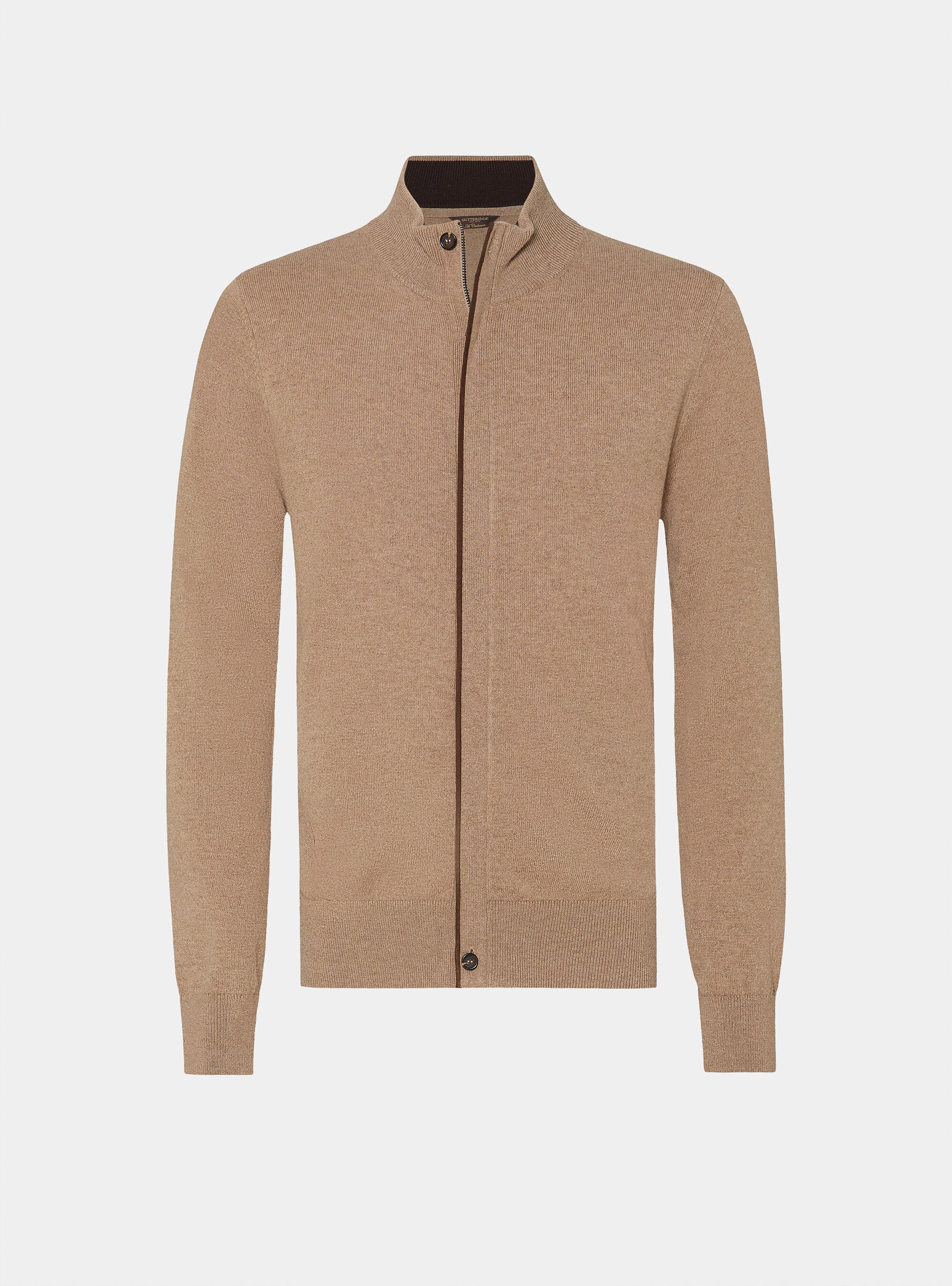 Cardigan in maglia con zip in lana lambswool e cashmere, CAMMELLO 0570C