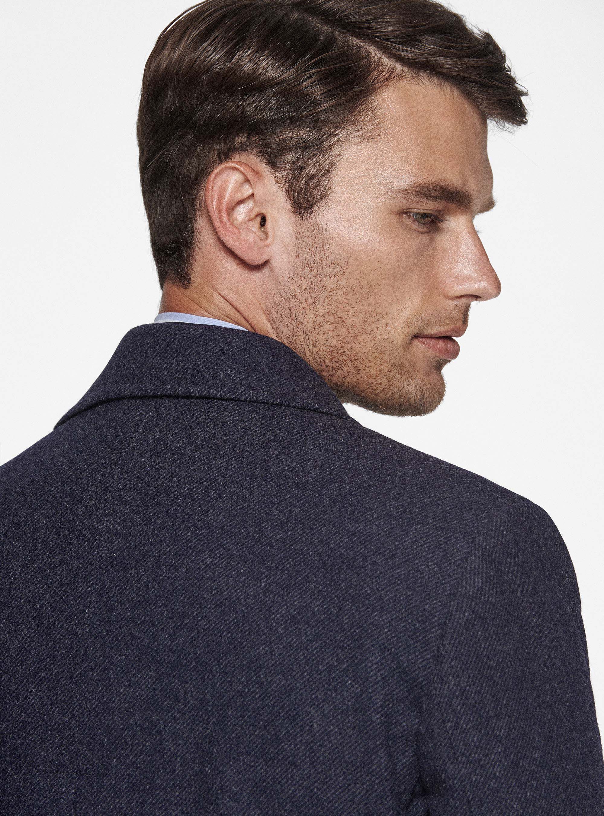 Wool and silk diagonal double-breasted coat, NAVY BLUE