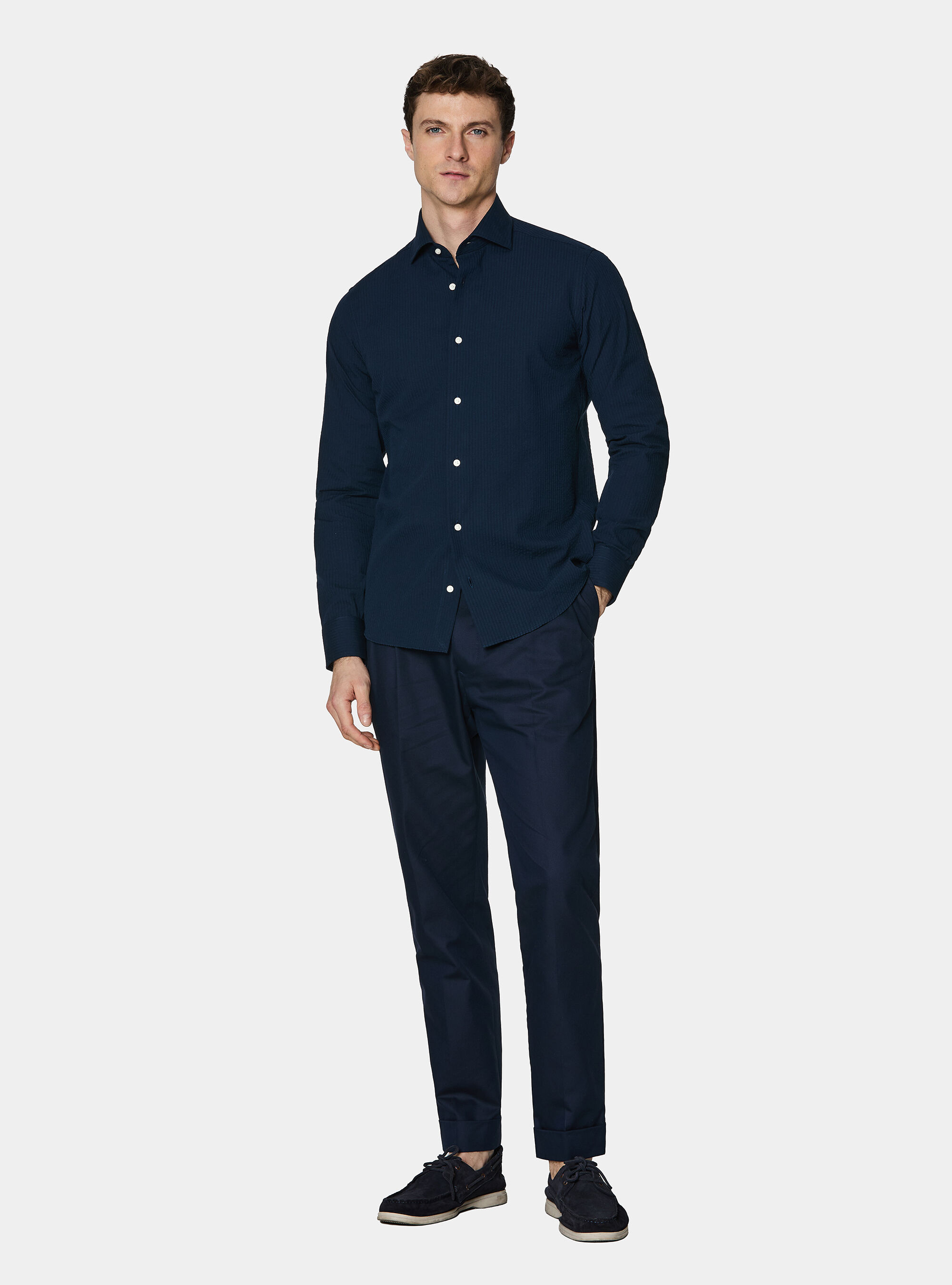 Camicia in cotone seersucker, BLU NAVY