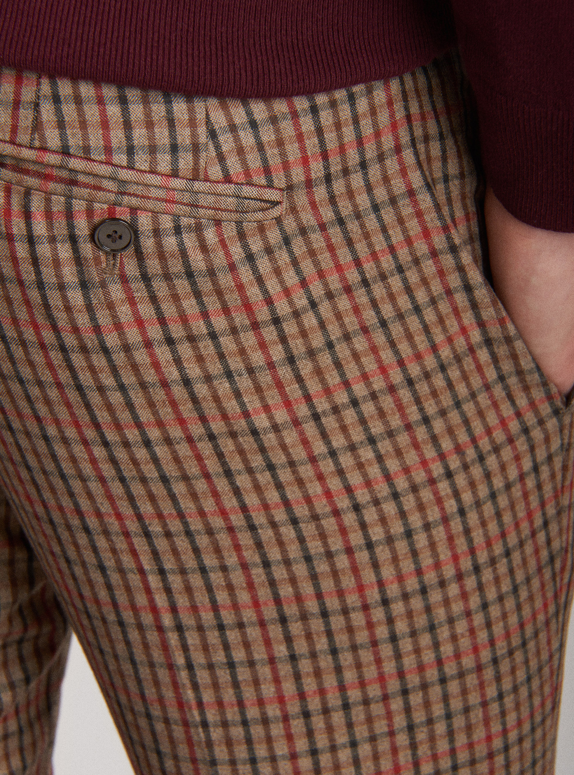 Tartan pants with super 100" wool pleats, ECRU