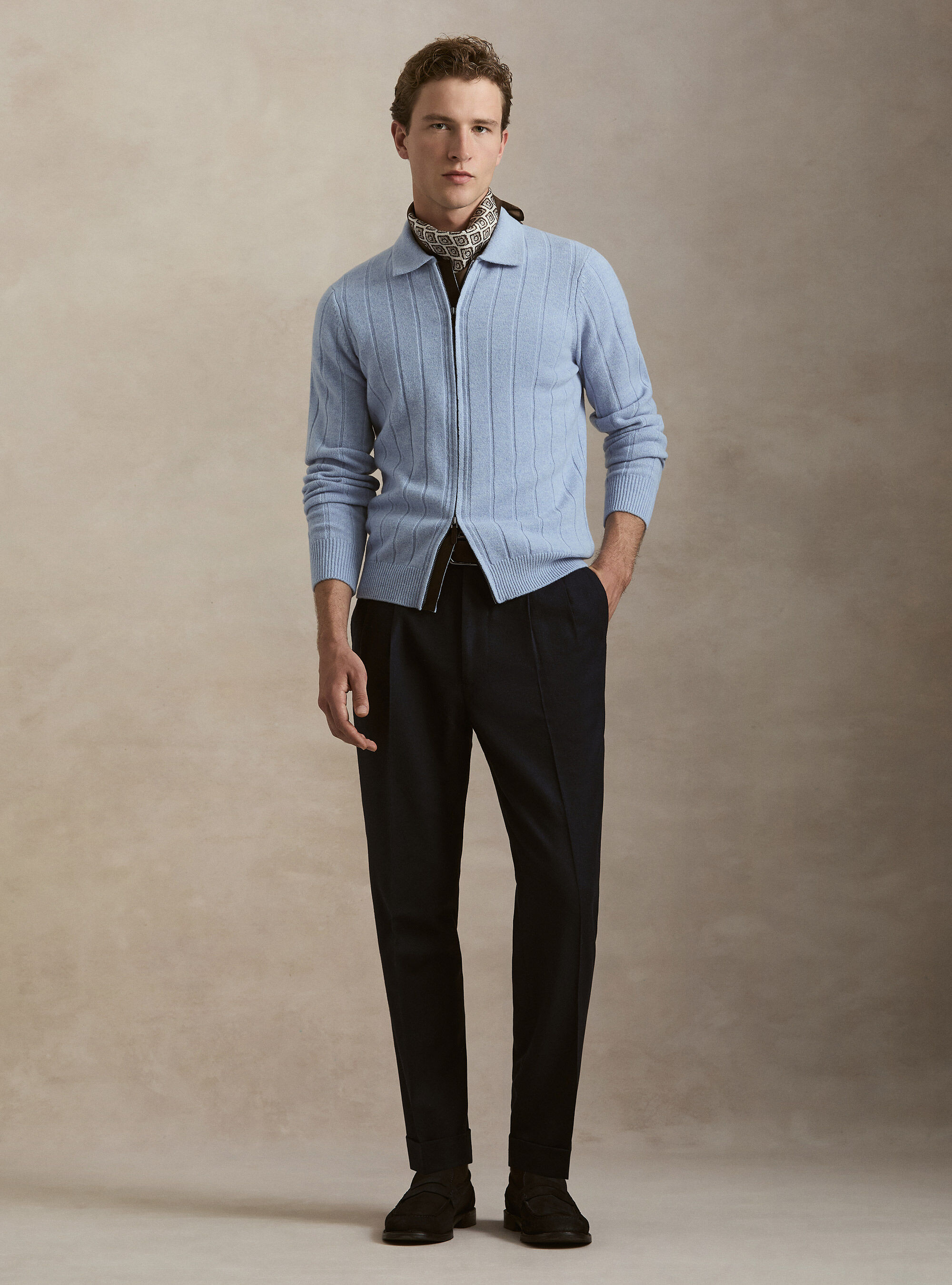 Full-zip wool-cashmere flat-ribbed sweater, AZZURRO POLVERE 0283C