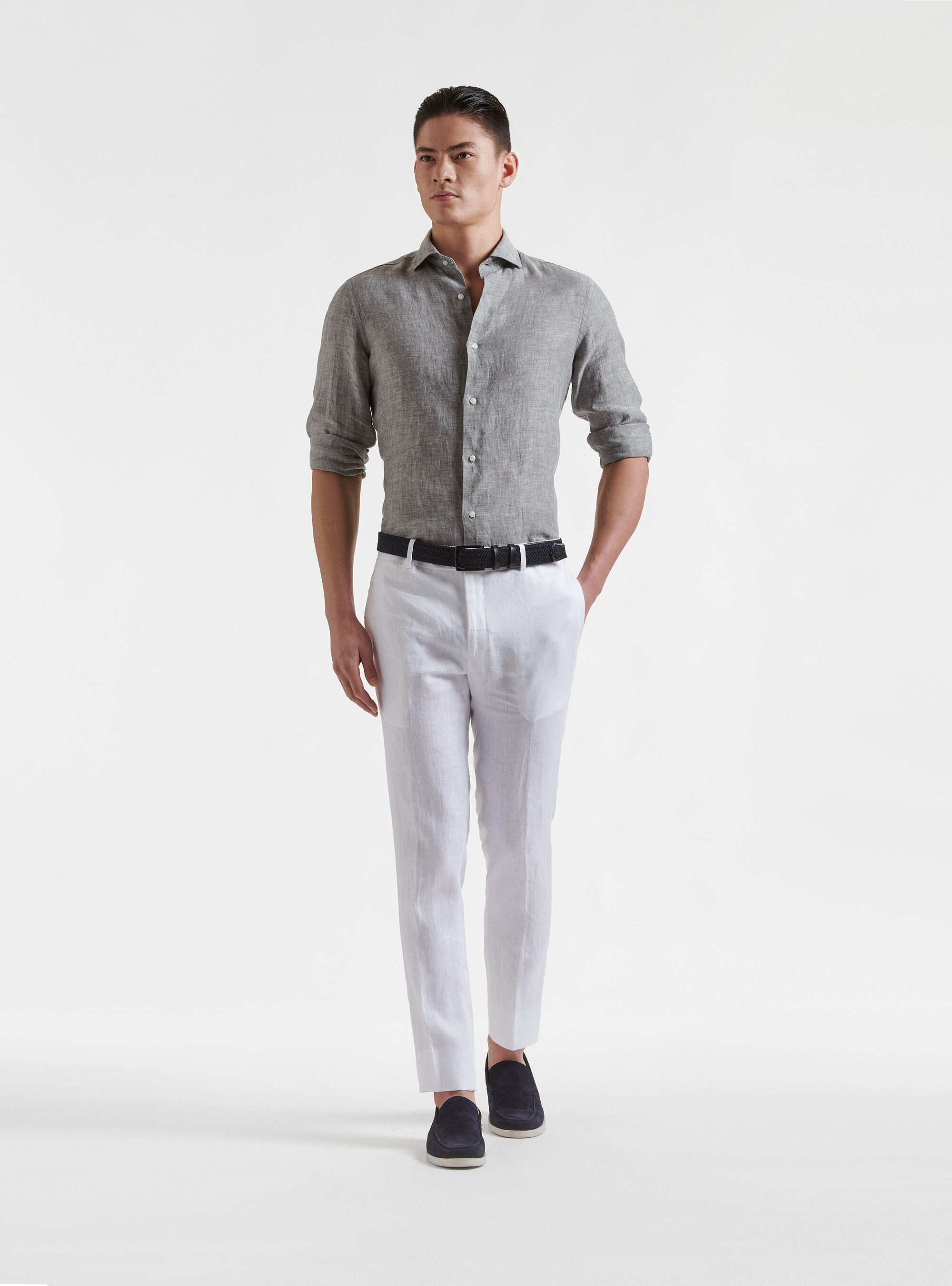 Camicia collo semi francese in puro lino, GRIGIO CHIARO MELANGE