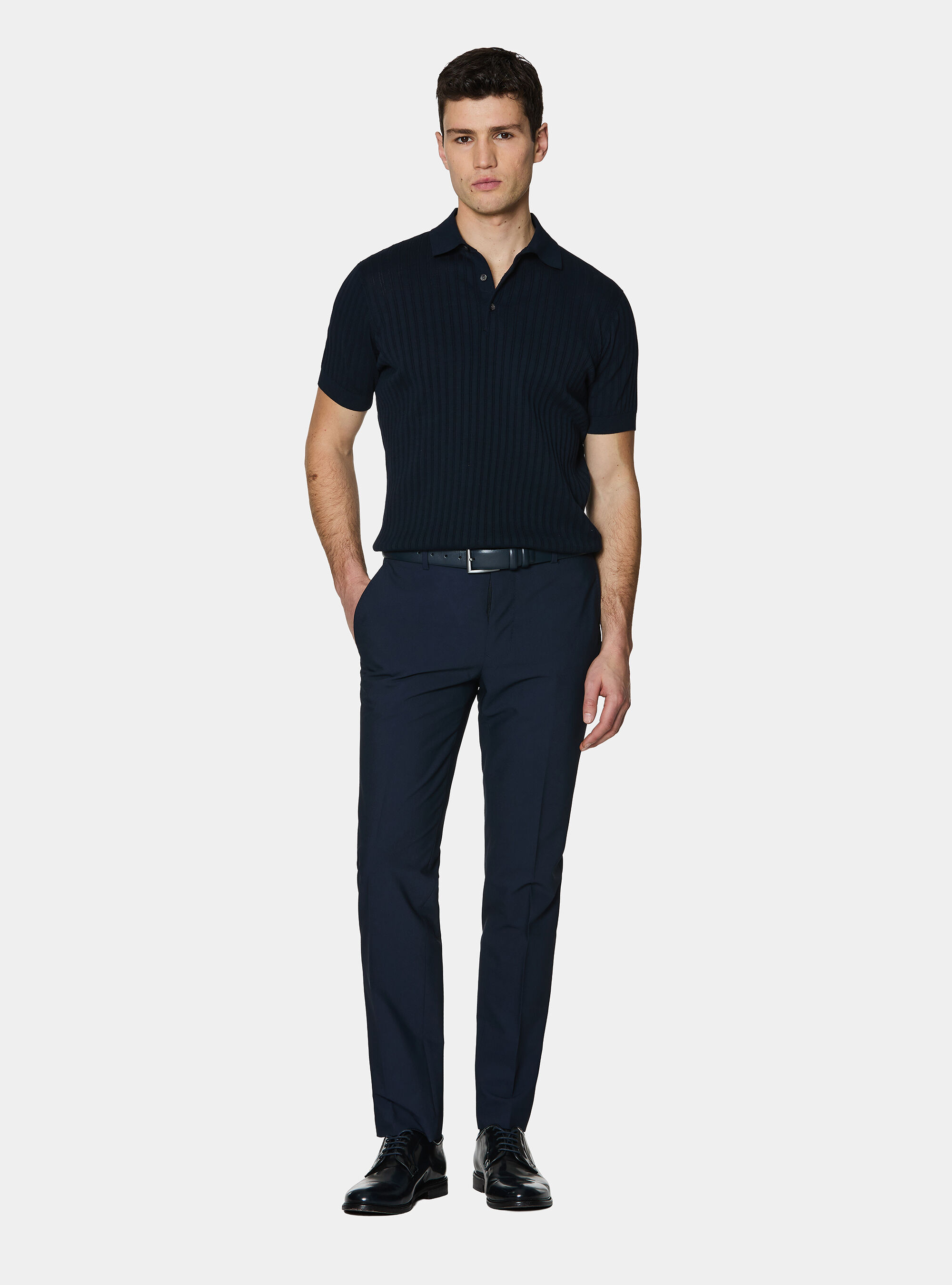 Extra-fine cotton knit polo shirt with openwork ribbing, NAVY BLUE