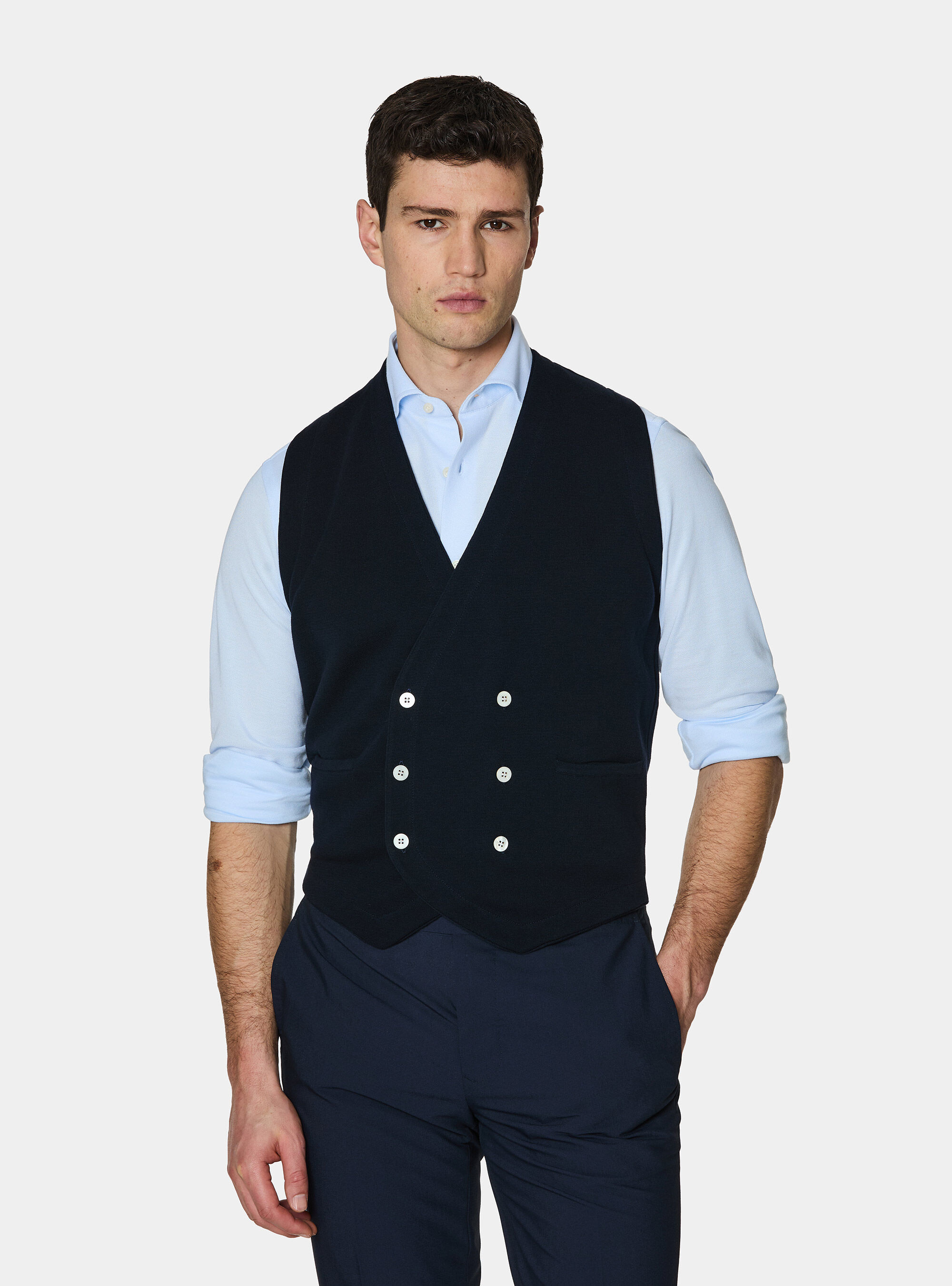 Gilet doppiopetto in maglia di cotone, BLU NAVY