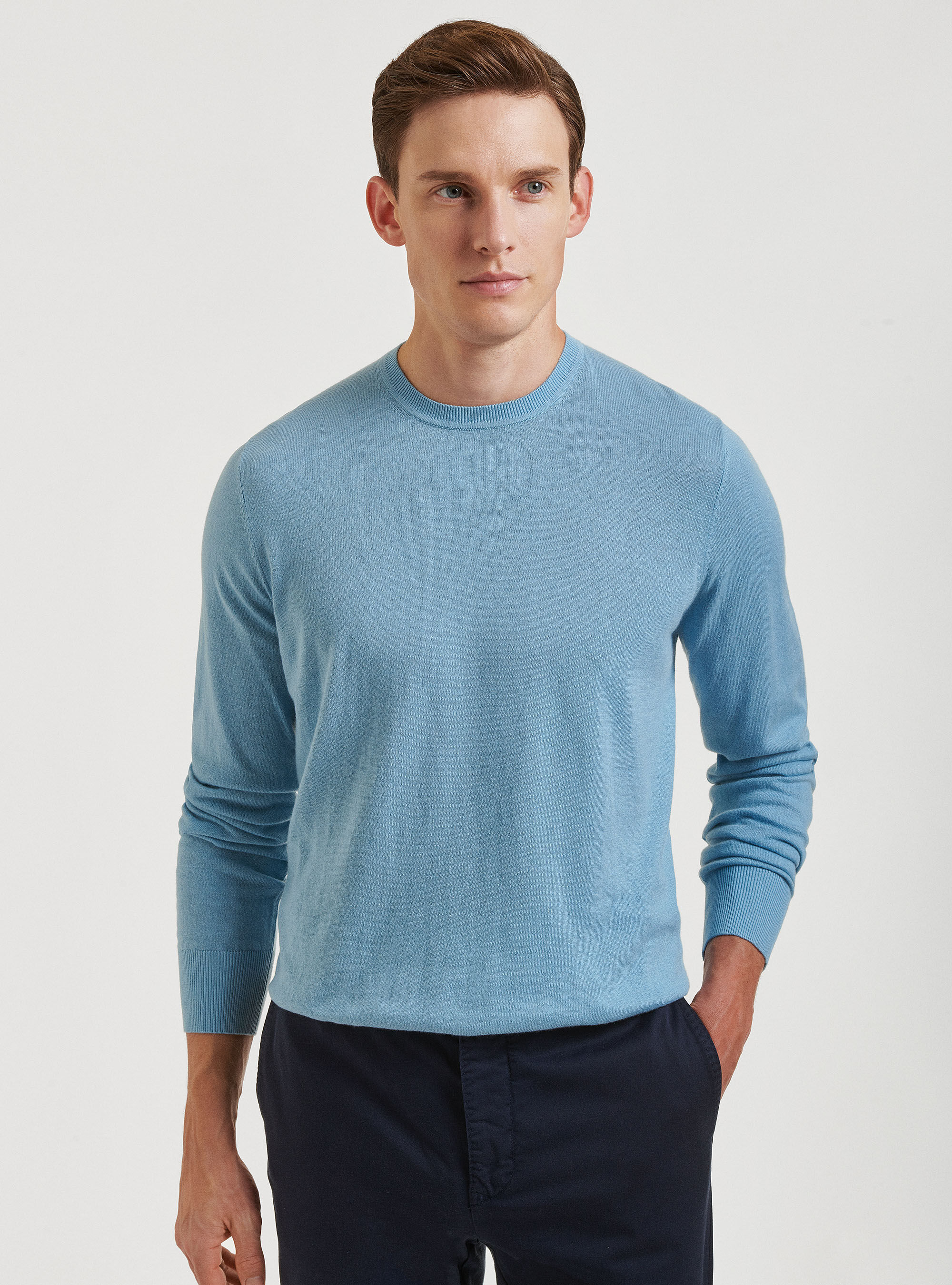 Jersey de cuello redondo de algod&oacute;n, seda y cachemira, CELESTE