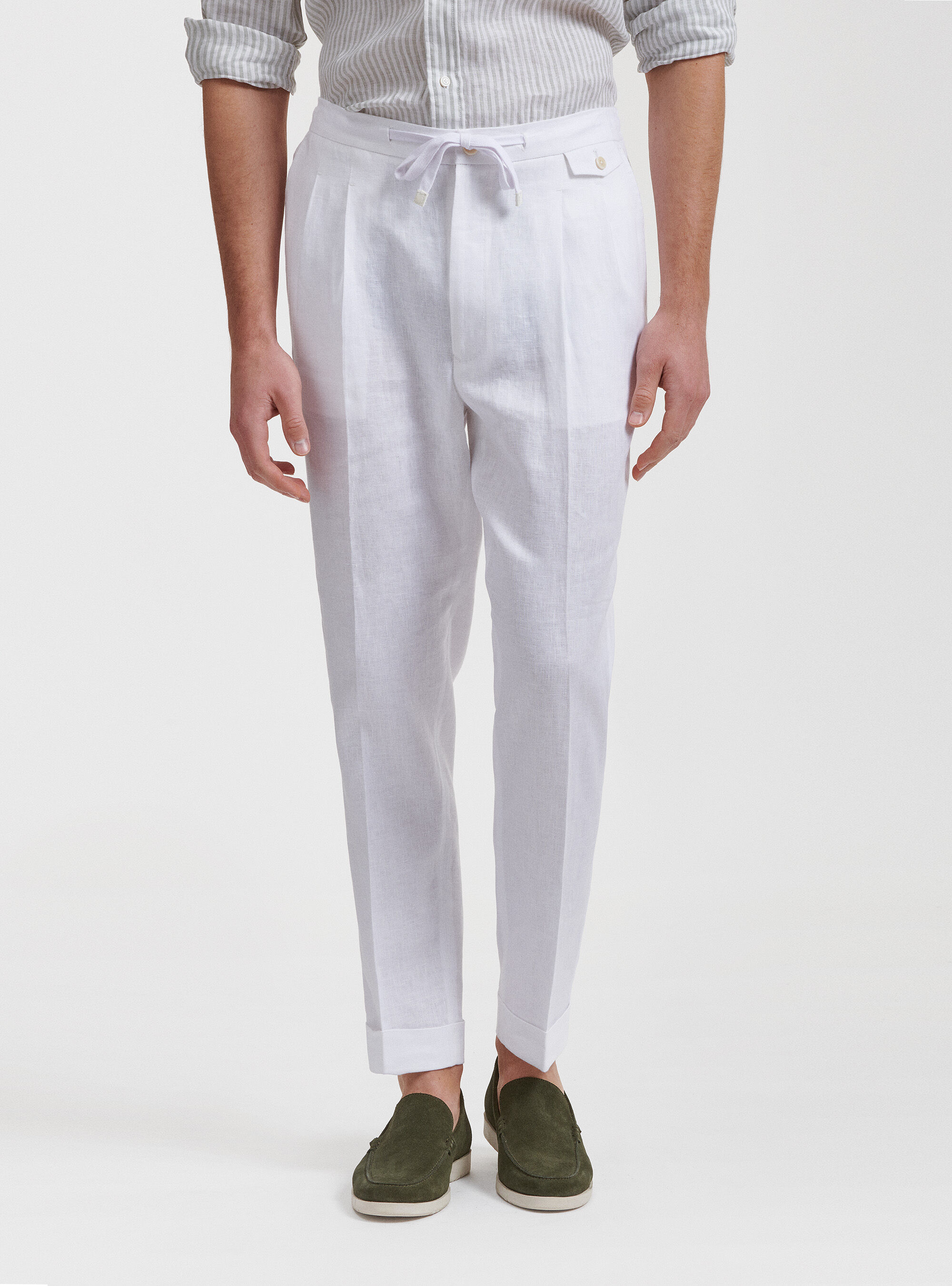 Linen pleated and drawstring trousers, WHITE