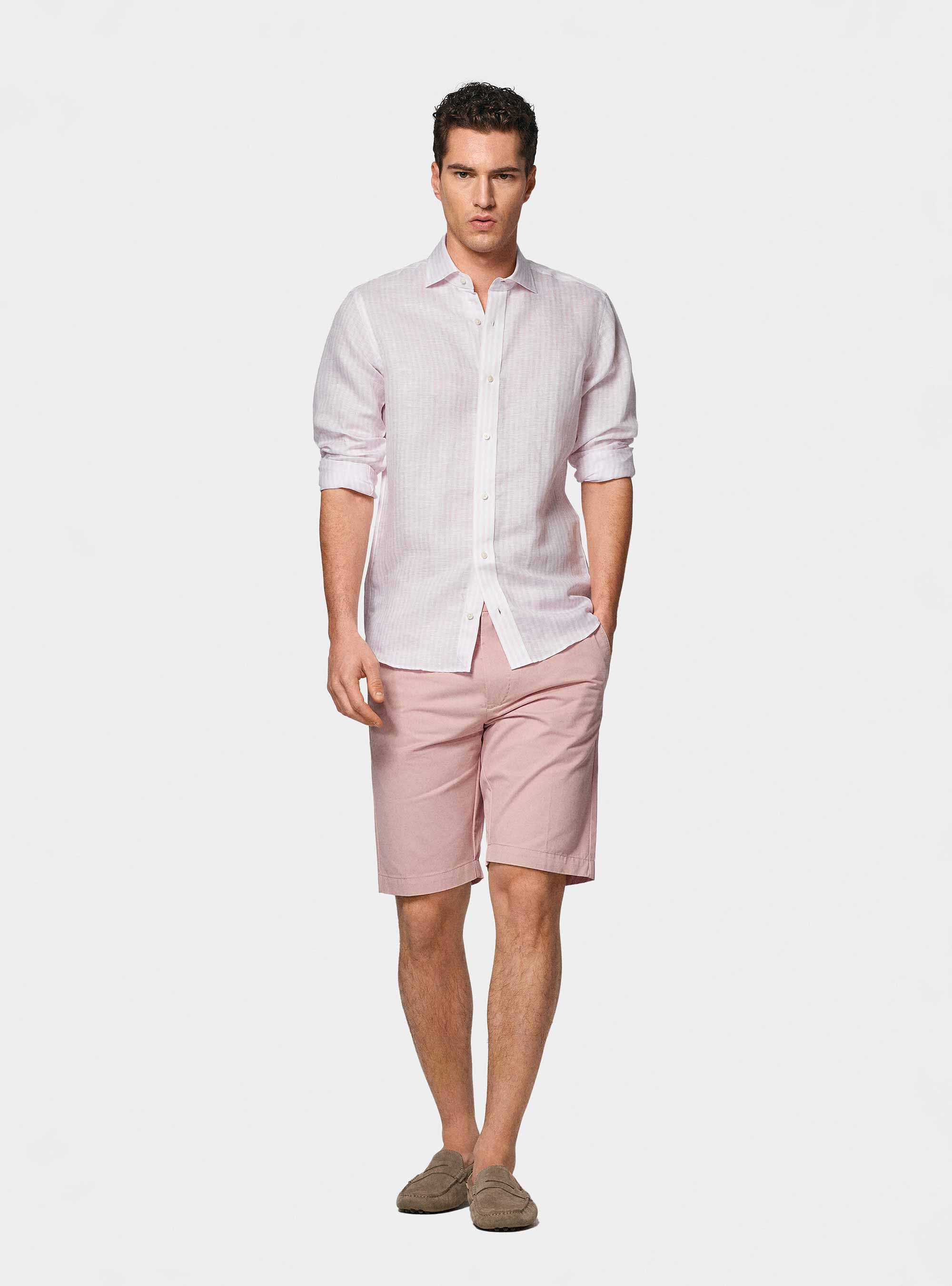 Camicia rigata in misto lino, ROSA