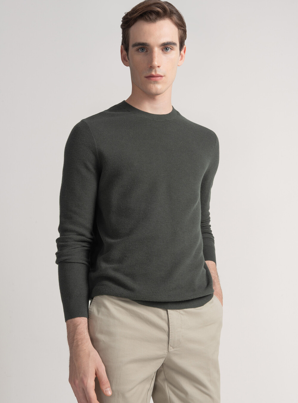 Maglia girocollo nido d'ape in cotone cashmere, MILITARE 0609C Maglia girocollo nido d'ape in cotone cashmere