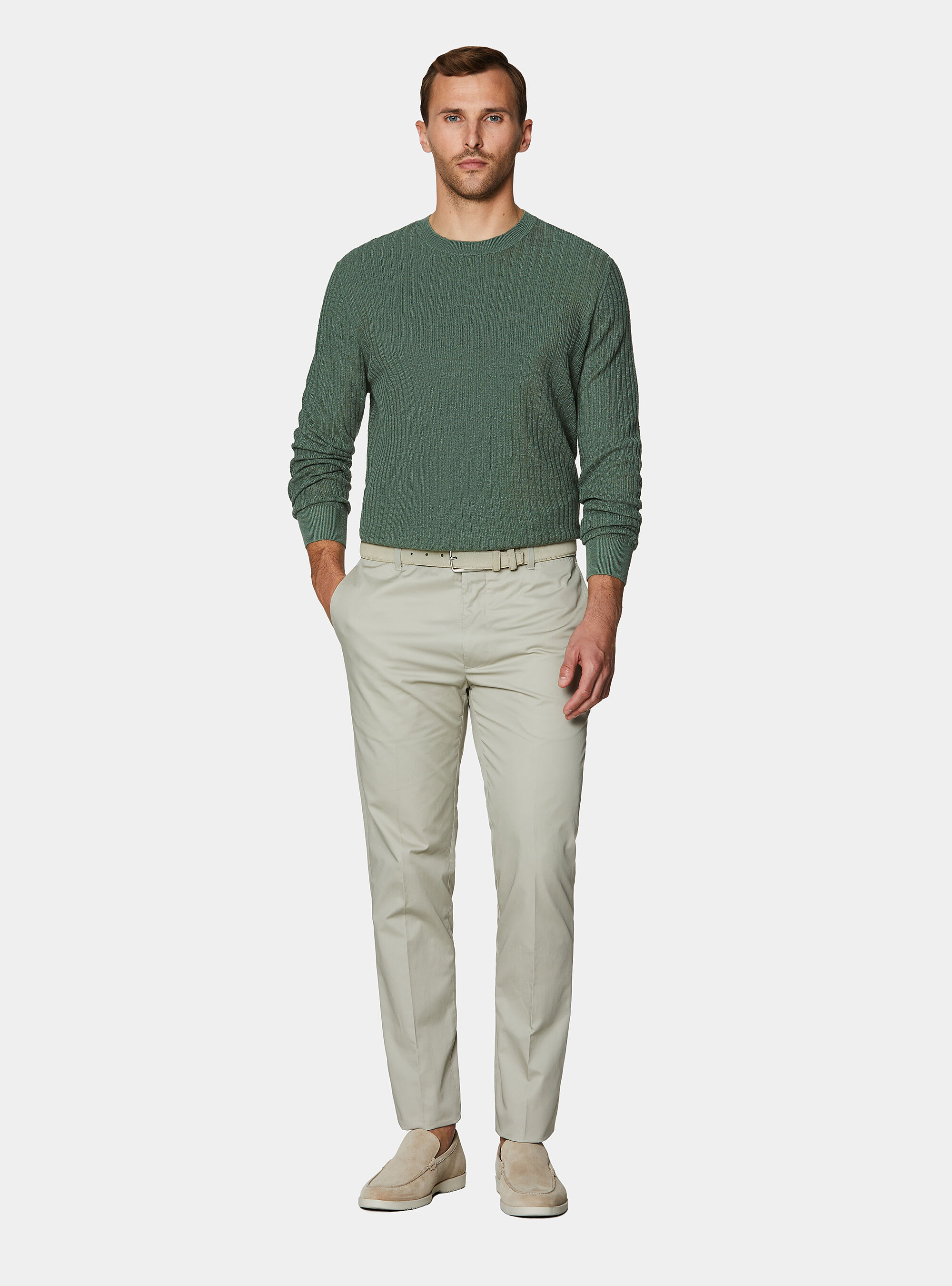 Maglia girocollo a costine in puro lino, SALVIA 0602C