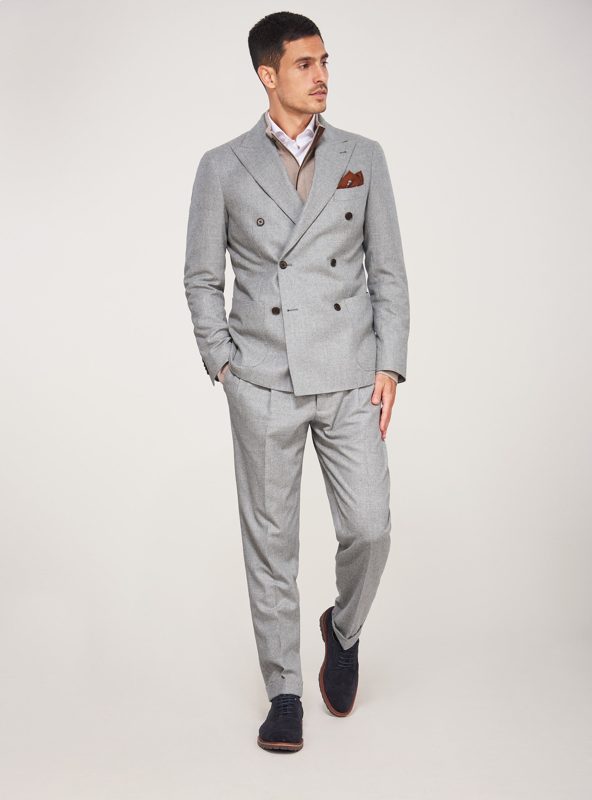 grey flannel double breasted suit