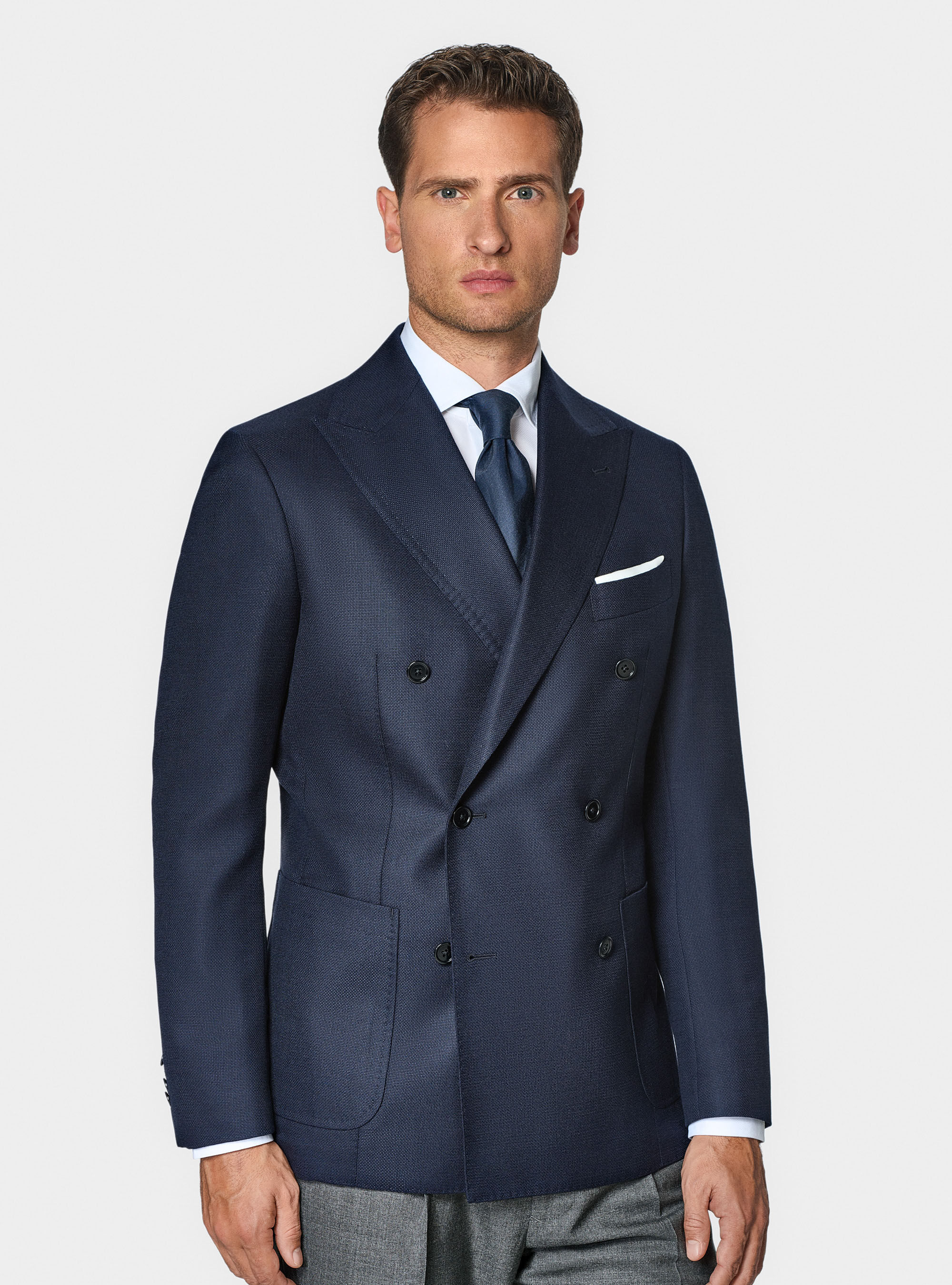 Double-breasted blazer in pure hopsack wool, NAVY BLUE