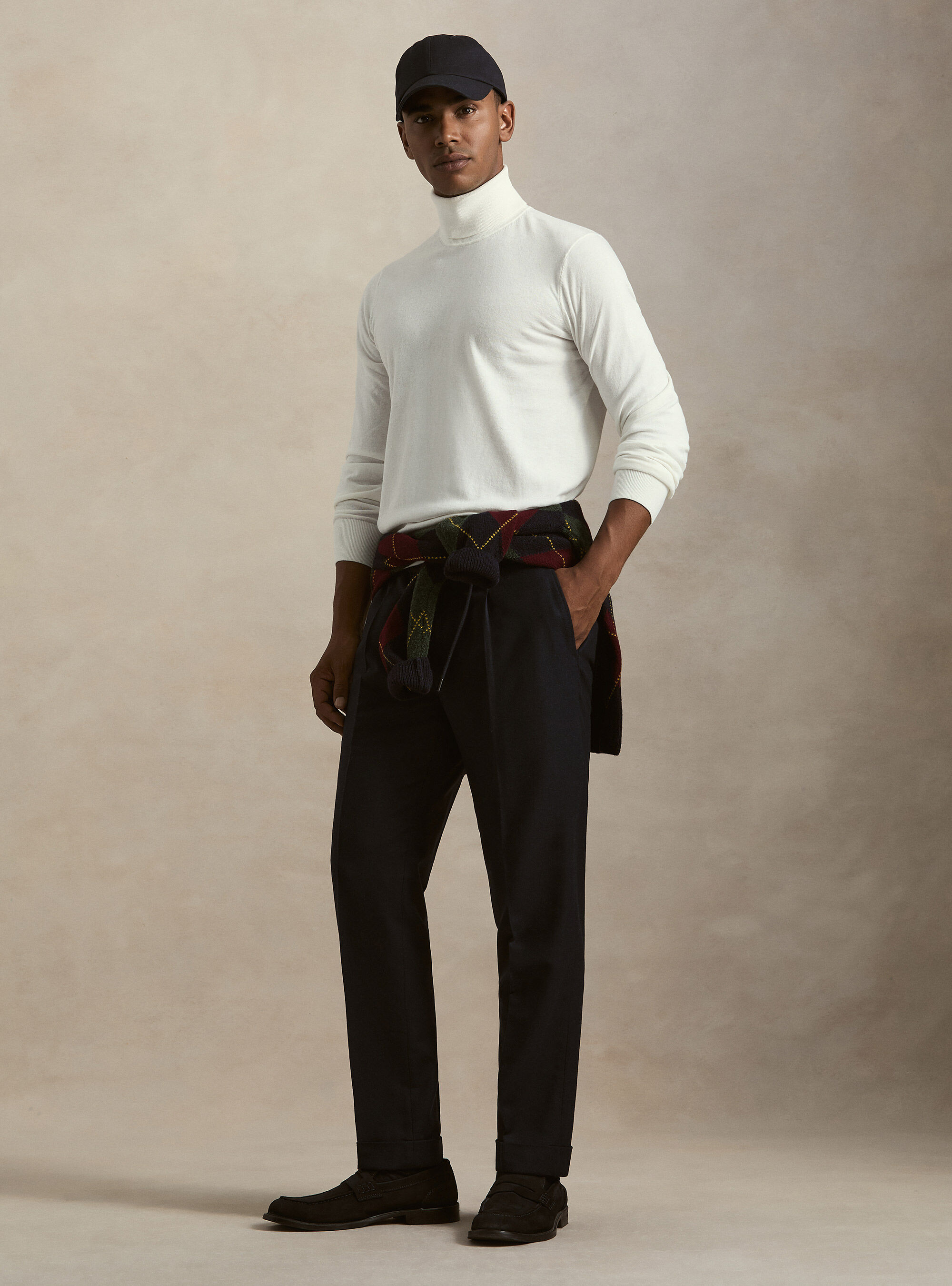 Pantaloni con pince e coulisse' in misto lana, NAVY
